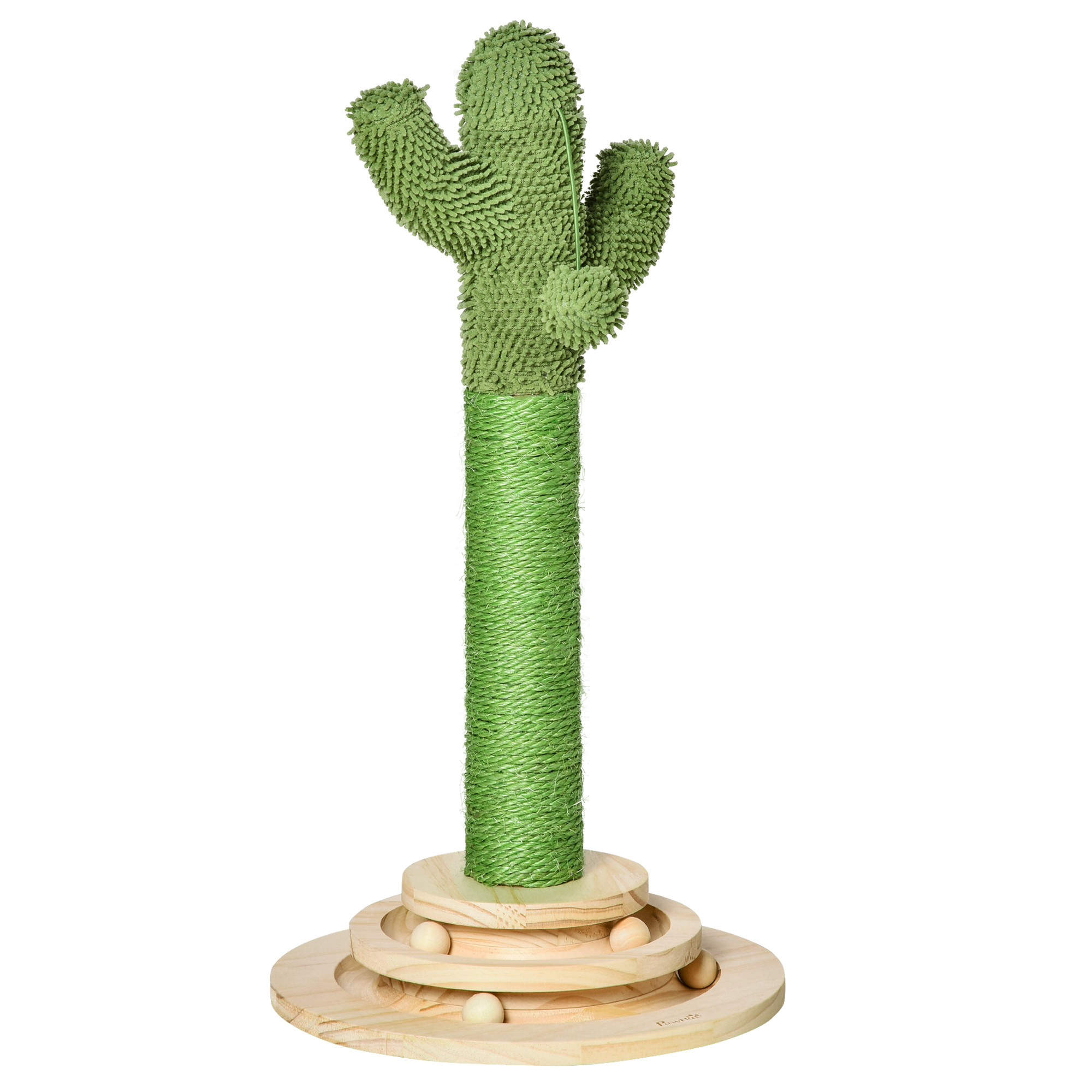 Katzen Kratzbaum Kaktus Katzenbaum Kiefernholz Sisal Seil Kratzstamm mit Holzkugel-Katzenspielzeug für Katzen 60 cm Hoch Grün+Natur