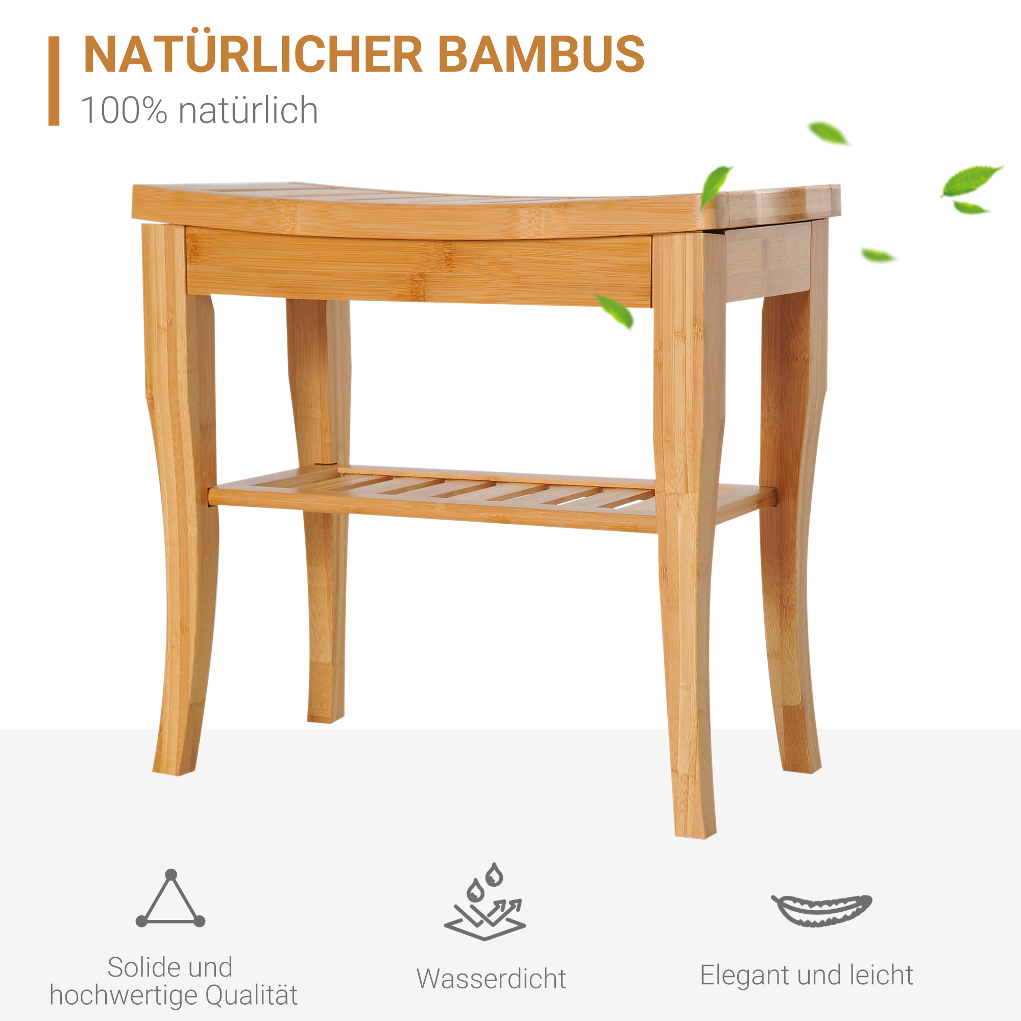 Duschhocker Badhocker mit Ablage Duschsitz Duschstuhl Badstuhl Badregal Bambus 47,5 x 26 x 44,5 cm Natur