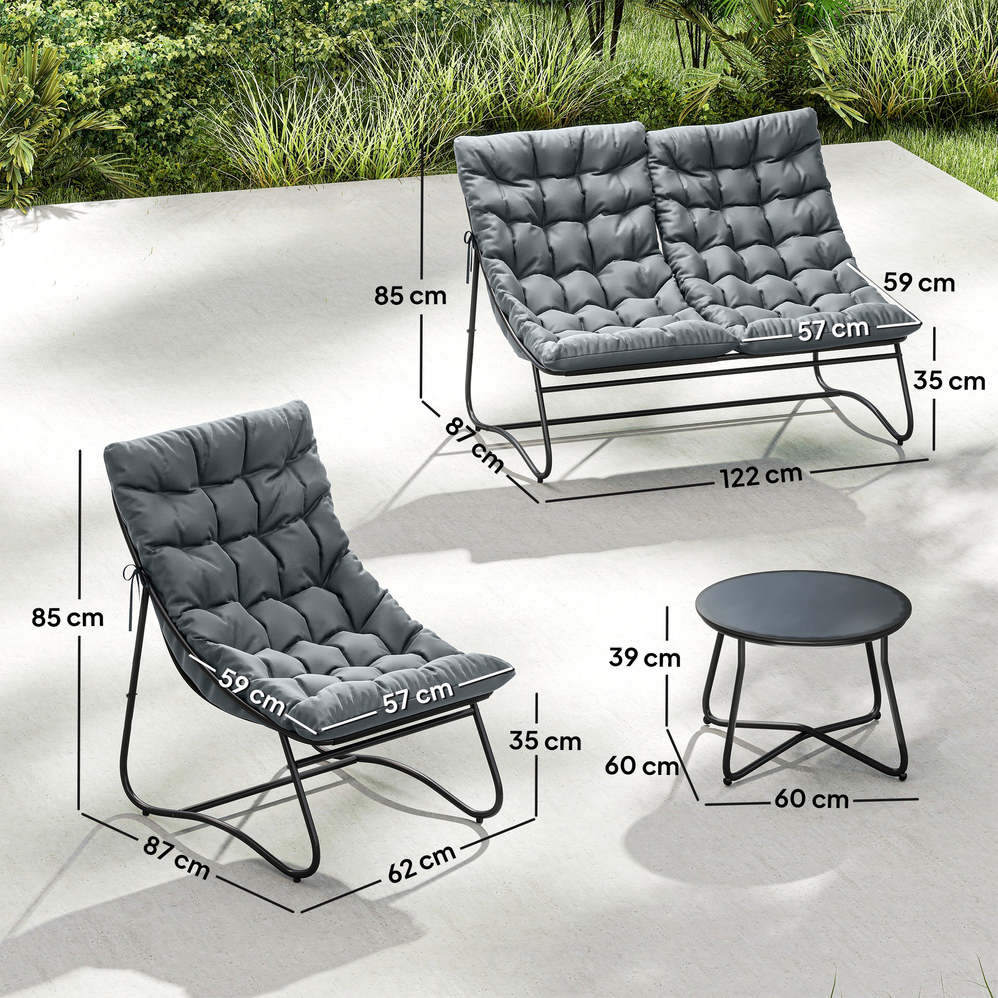 4-Sitzer Gartenmöbel-Set, 2 Stühle, 1 Doppel-Sofa, 1 Tisch, dicke Kissen, Stahlrahmen, für Terrasse, Grau