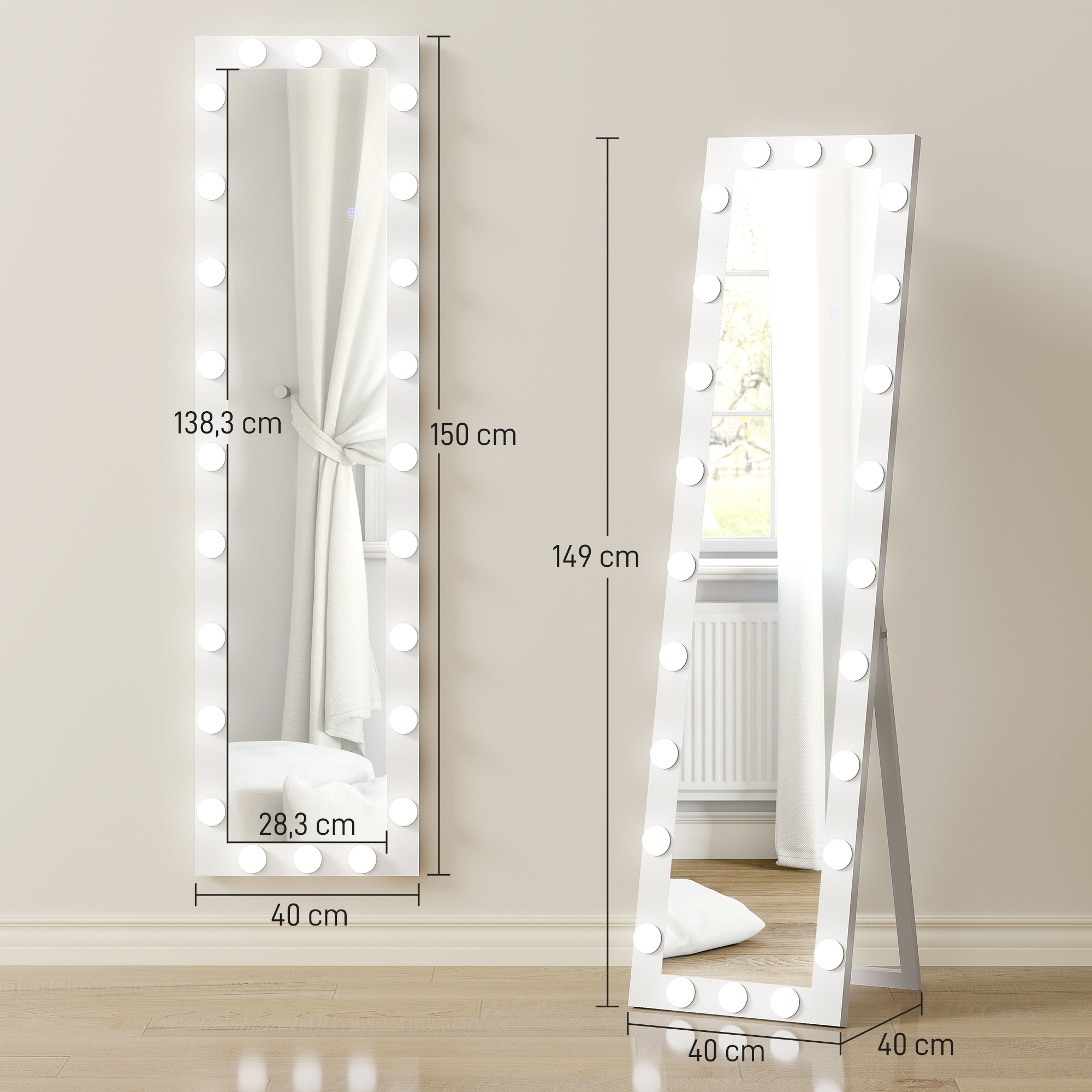 Ganzkörperspiegel 150x40 cm LED Spiegel mit 24 Glühbirnen 3 Lichtfarbe, freistehend oder anlehnbar Weiß