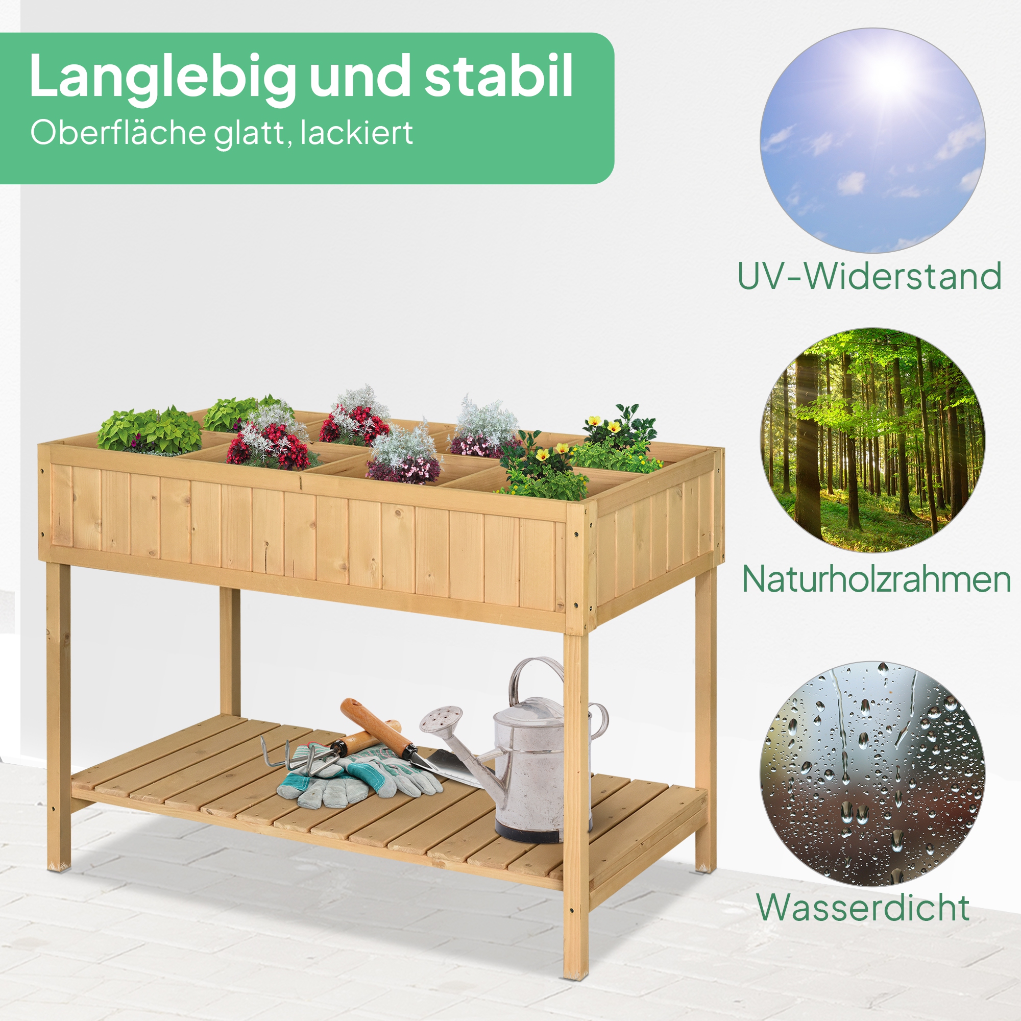 Hochbeet 8 Fächer Pflanztisch Blumenkasten Tannenholz 1 Ablage + Abfluss