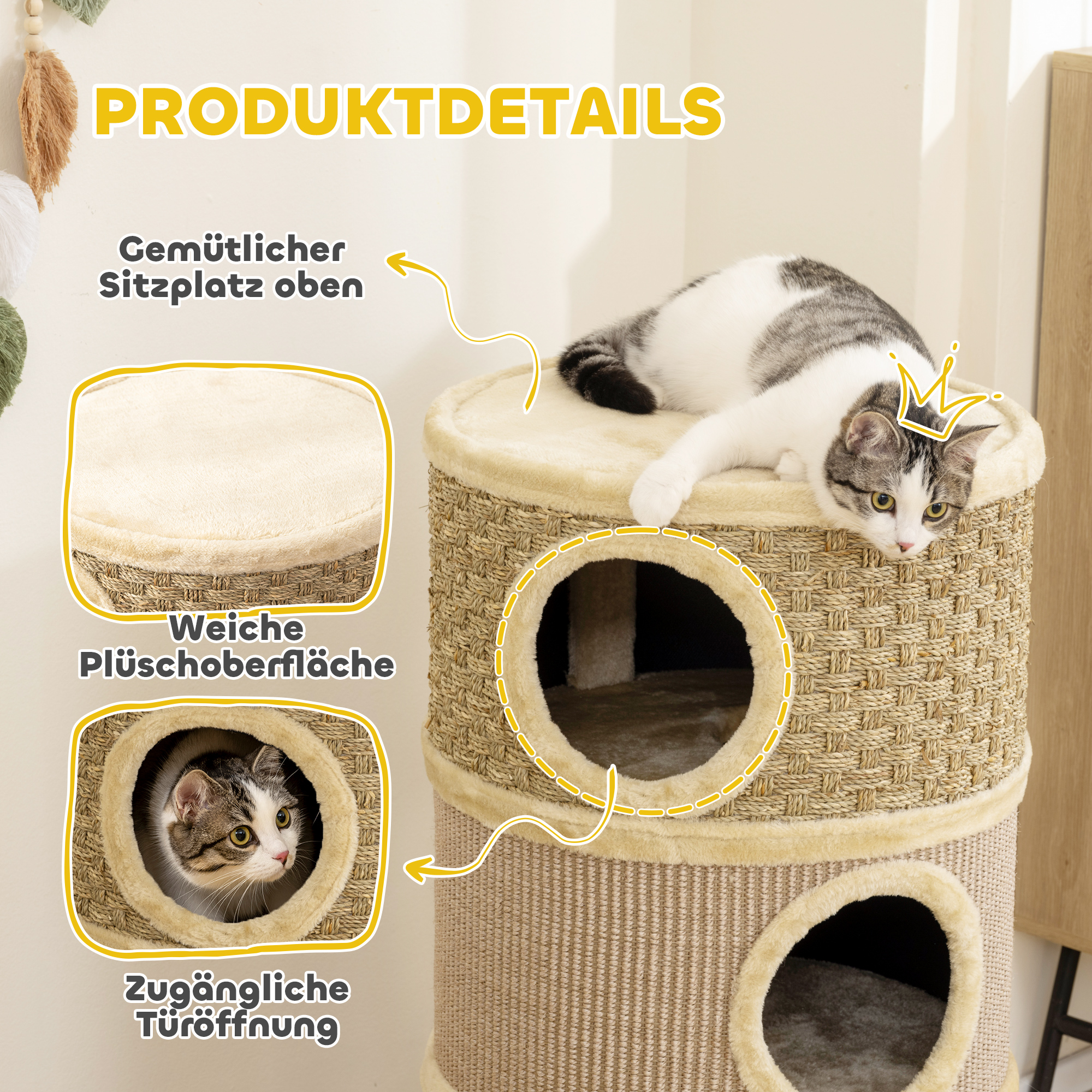 Kratztonne, 79 cm hoch, Ø45 cm, dreistöckige Katzentonne mit Sisalseil, Katzenhöhle, für große Katzen, Khaki+Braun