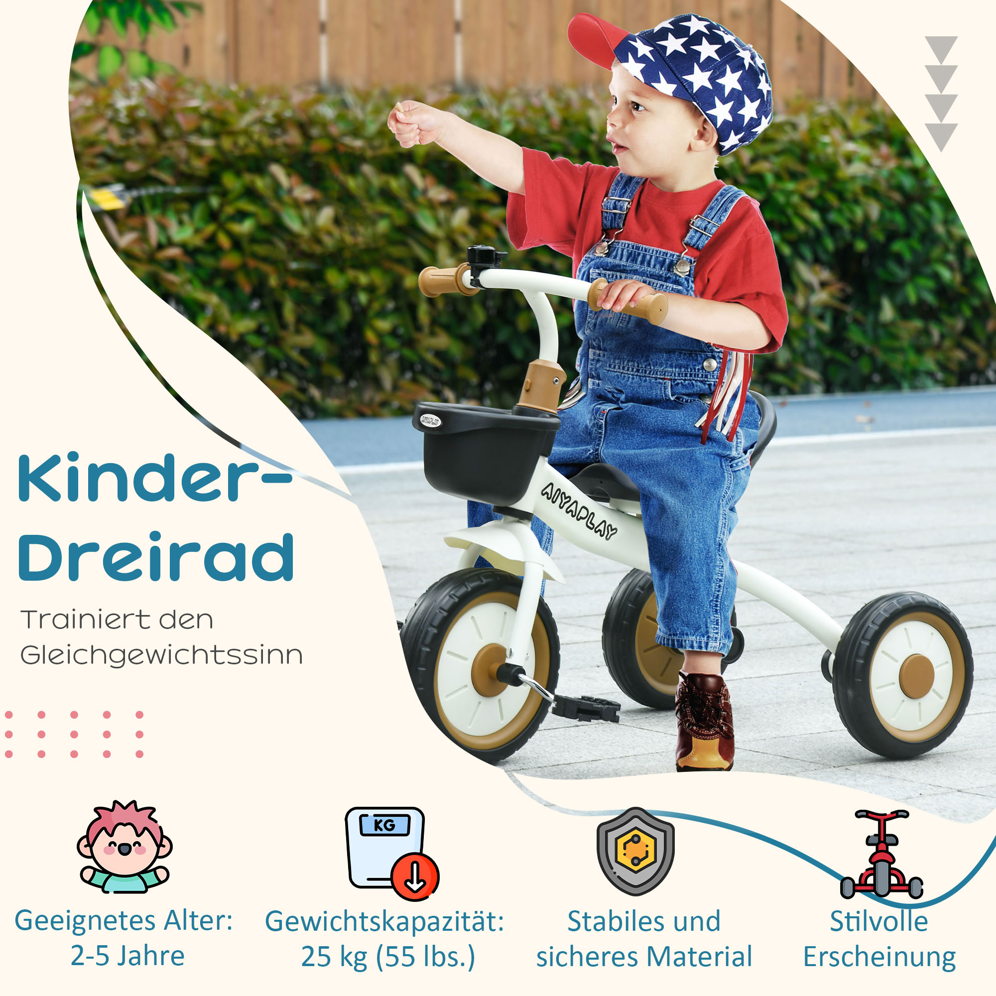 Dreirad für Kinder 2-5 Jahre, höhenverstellbarer Sitz, Klingel, Fahrradkorb, Metallrahmen, Weiß