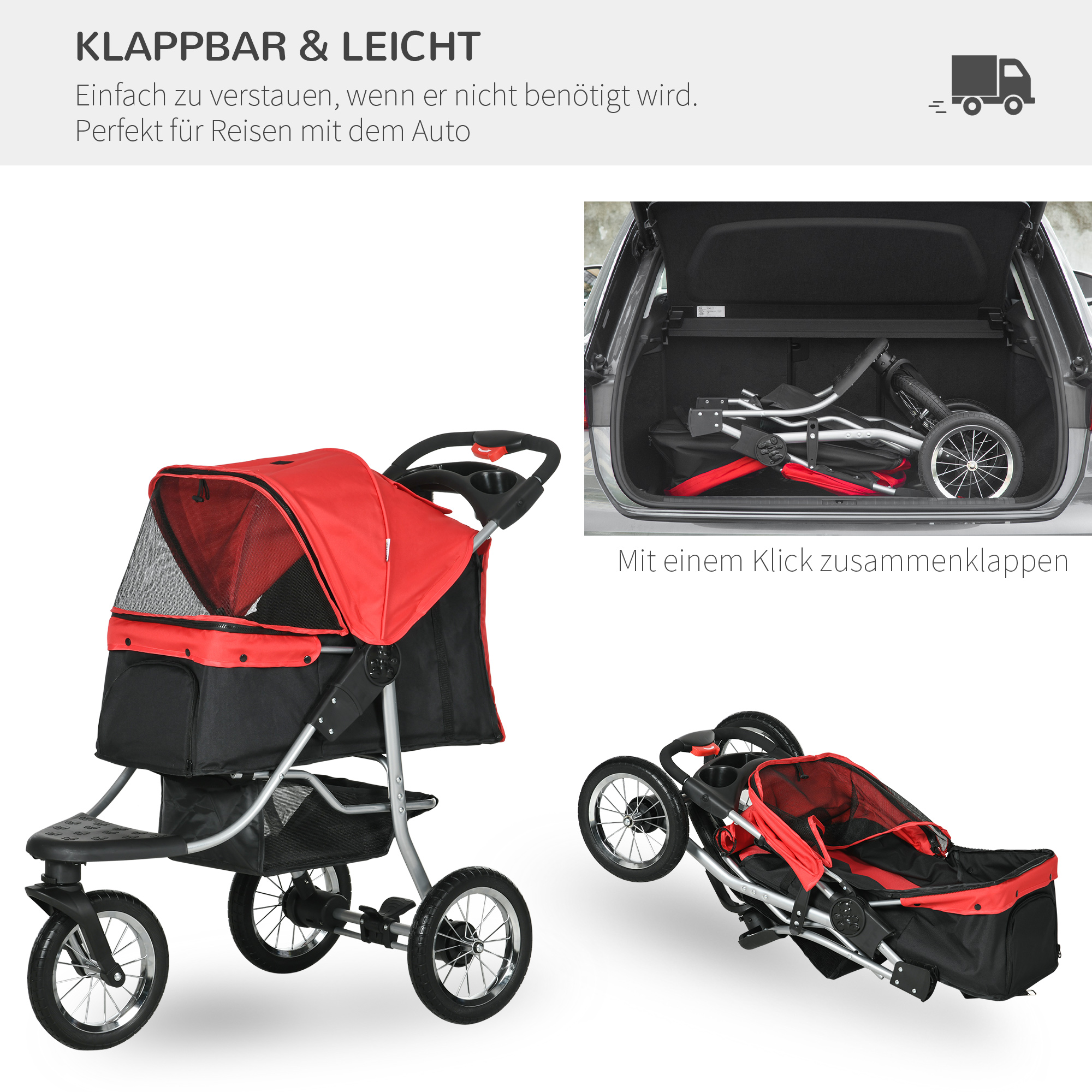 Hundewagen Hundebuggy mit 3 Rädern klappbar bis 10 kg Oxford Rot+Schwarz 109,5 x 54,5 x 106,5 cm