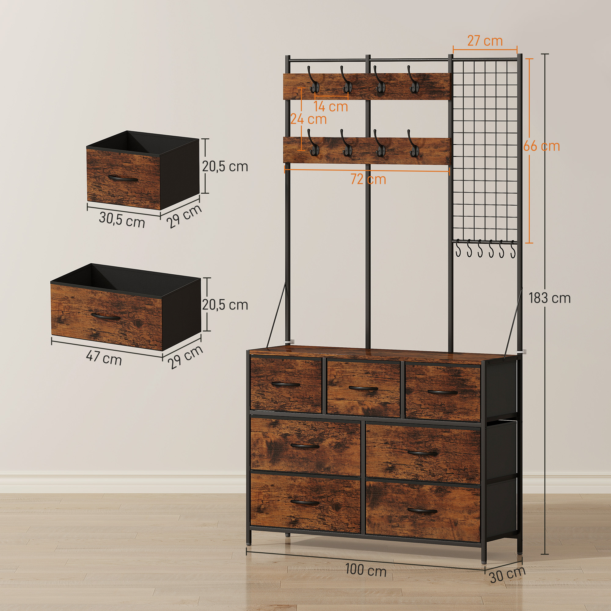 Garderobenständer, Kleiderständer mit Stoff-Schublade, 14 Haken für Flur, Schlafzimmer, Rustikal-Braun, Höhe 183 cm