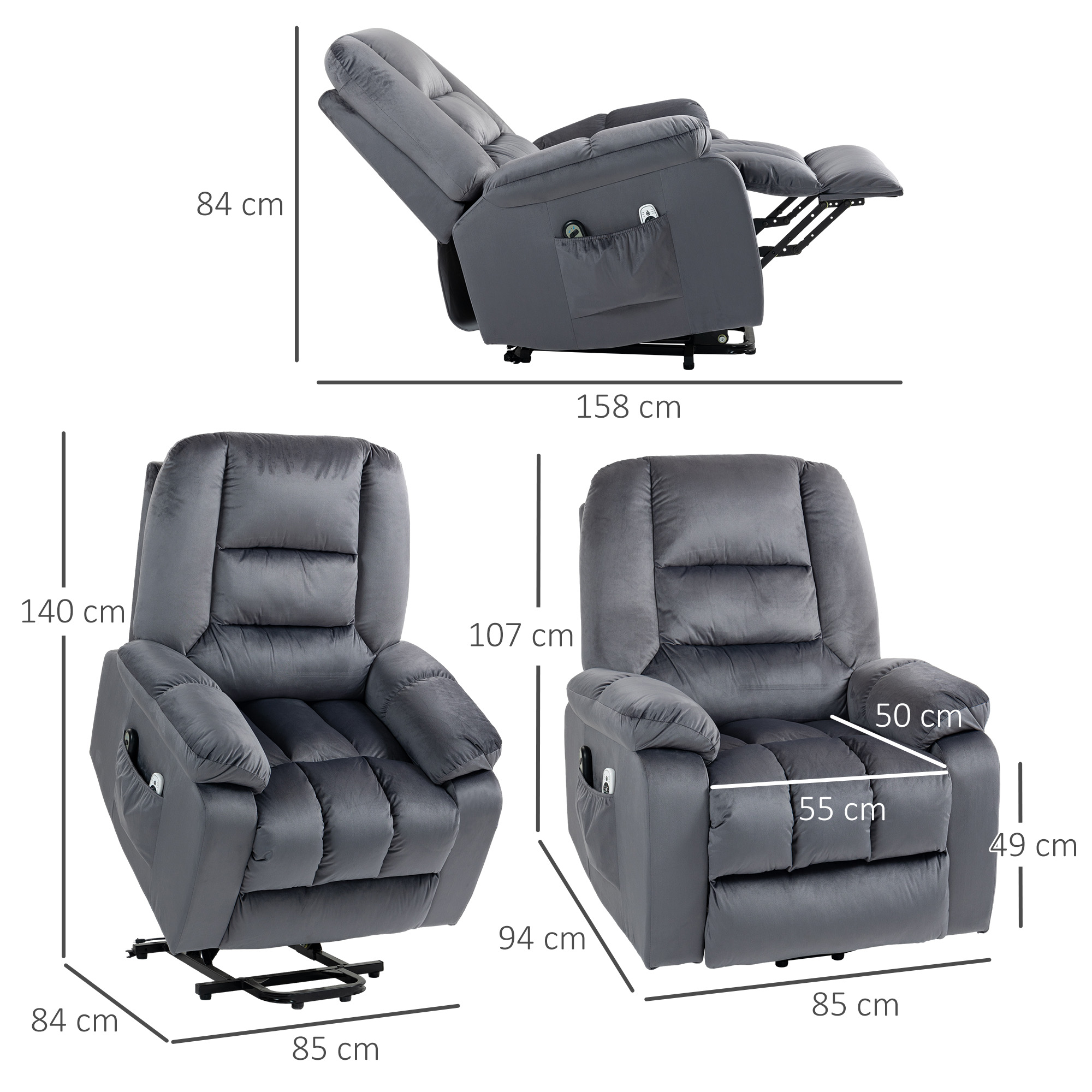Massagesessel Aufstehhilfe Seniorensessel Relaxsessel, 8 Massagepunkte, 2 Seitentaschen, 85 cm x 94 cm x 107cm, Grau