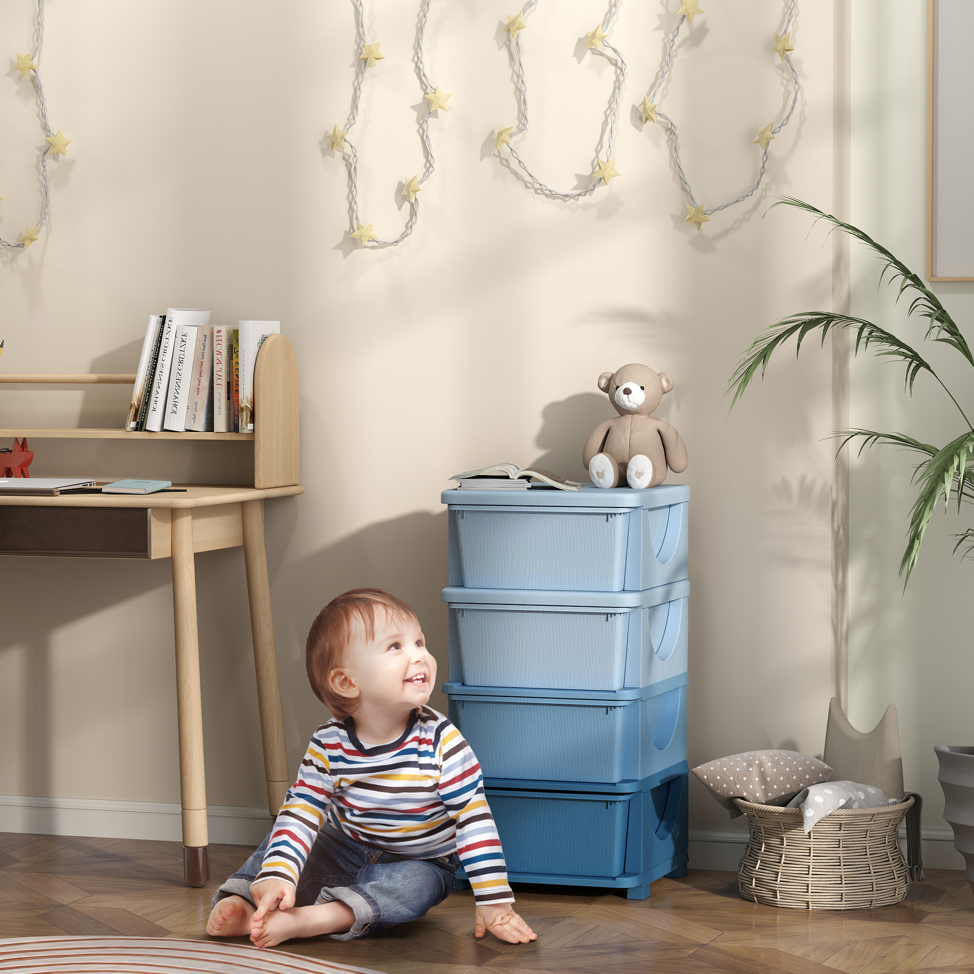 Aufbewahrungsboxen für Kinder, 4 Schubladen, abgerundete Kanten, erhöhtes Design, Kunststoff, Blau