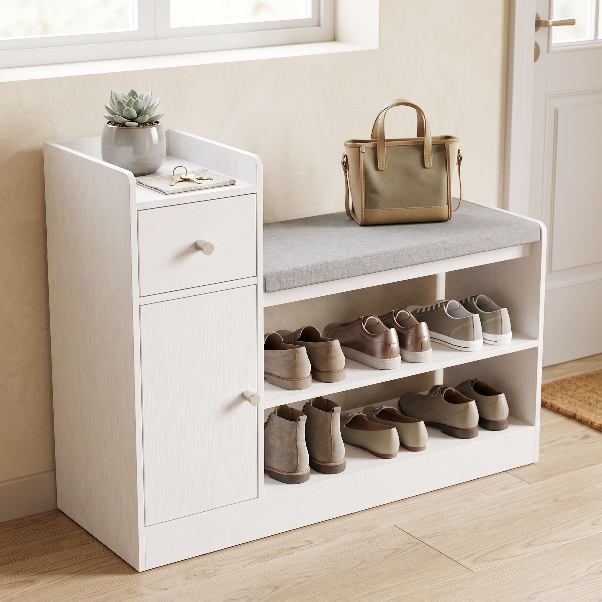 Schuhbank mit Sitzkissen Schublade und offenen Ablagen Flurbank 90x29,8x67,8cm Weiß