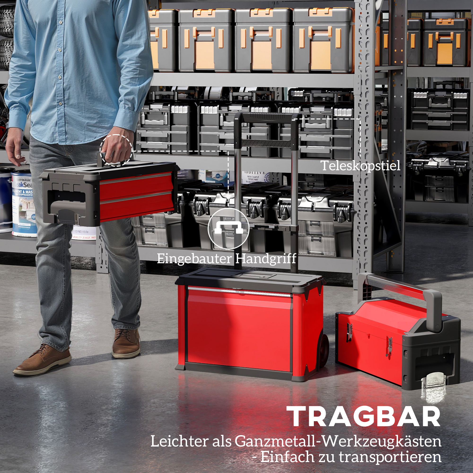 3-stufiges Werkzeugkasten-Set, mit Rädern, ineinandergreifend, Stahl, Kunststoff