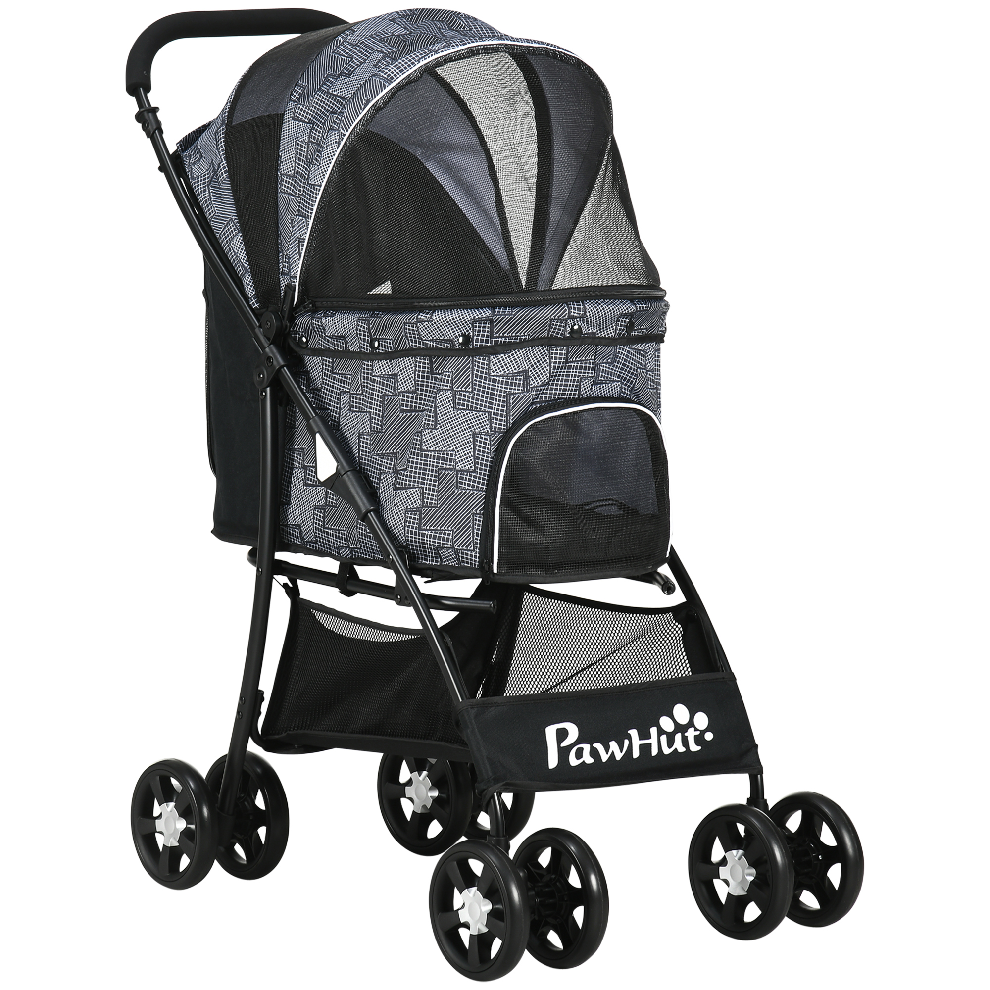 Hundebuggy Hundewagen bis 10kg klappbar verstellbares Vordach Bodenkorb Kissen Seitentasche 81 cm x 48 cm x 99 cm Grau