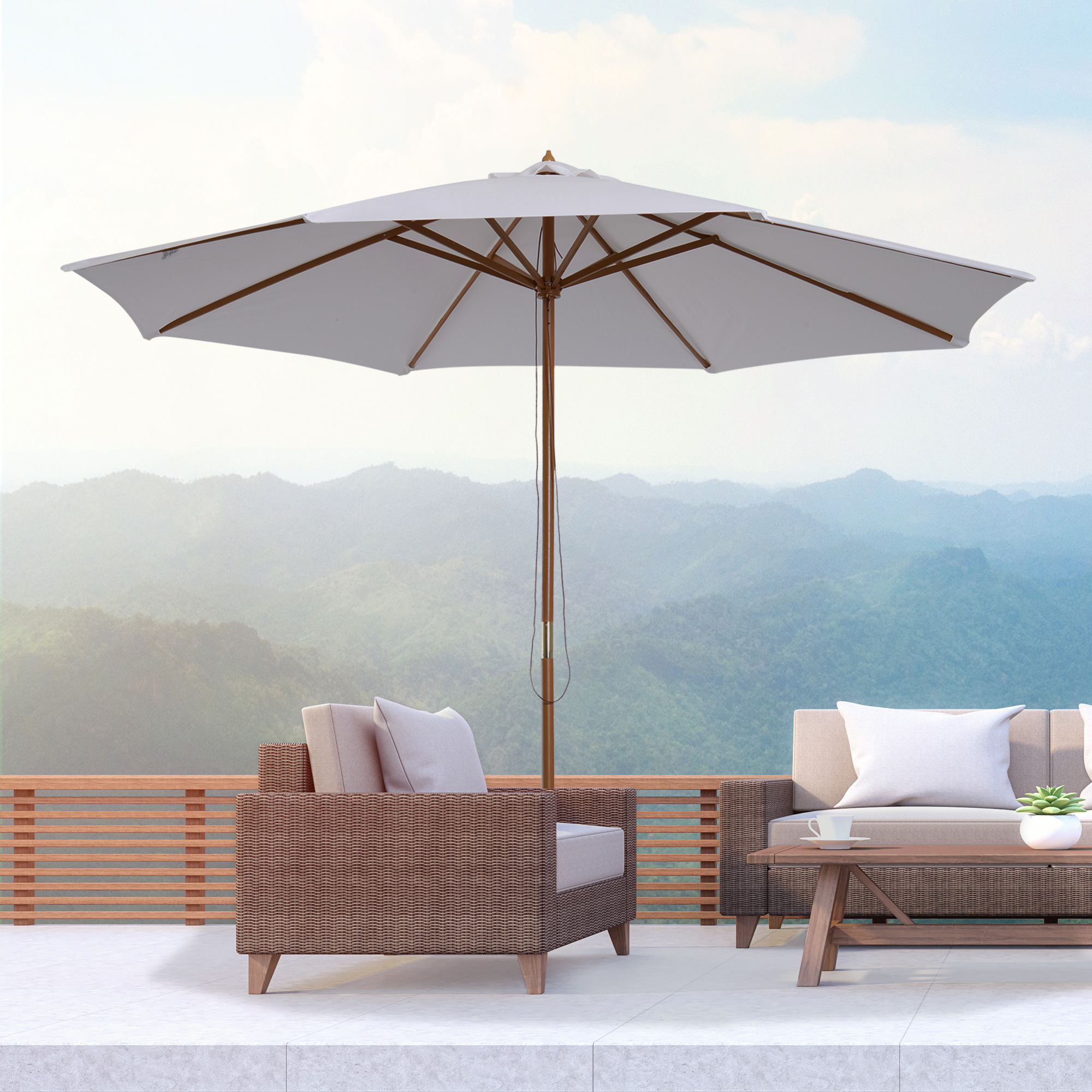 Sonnenschirm Ø 300 cm, Sonnenschirm mit UV Schutz Balkonschirm aus Holz Strandschirm stabil Marktschirm Sonnenschutz für Strand Terrasse Garten, Weiß