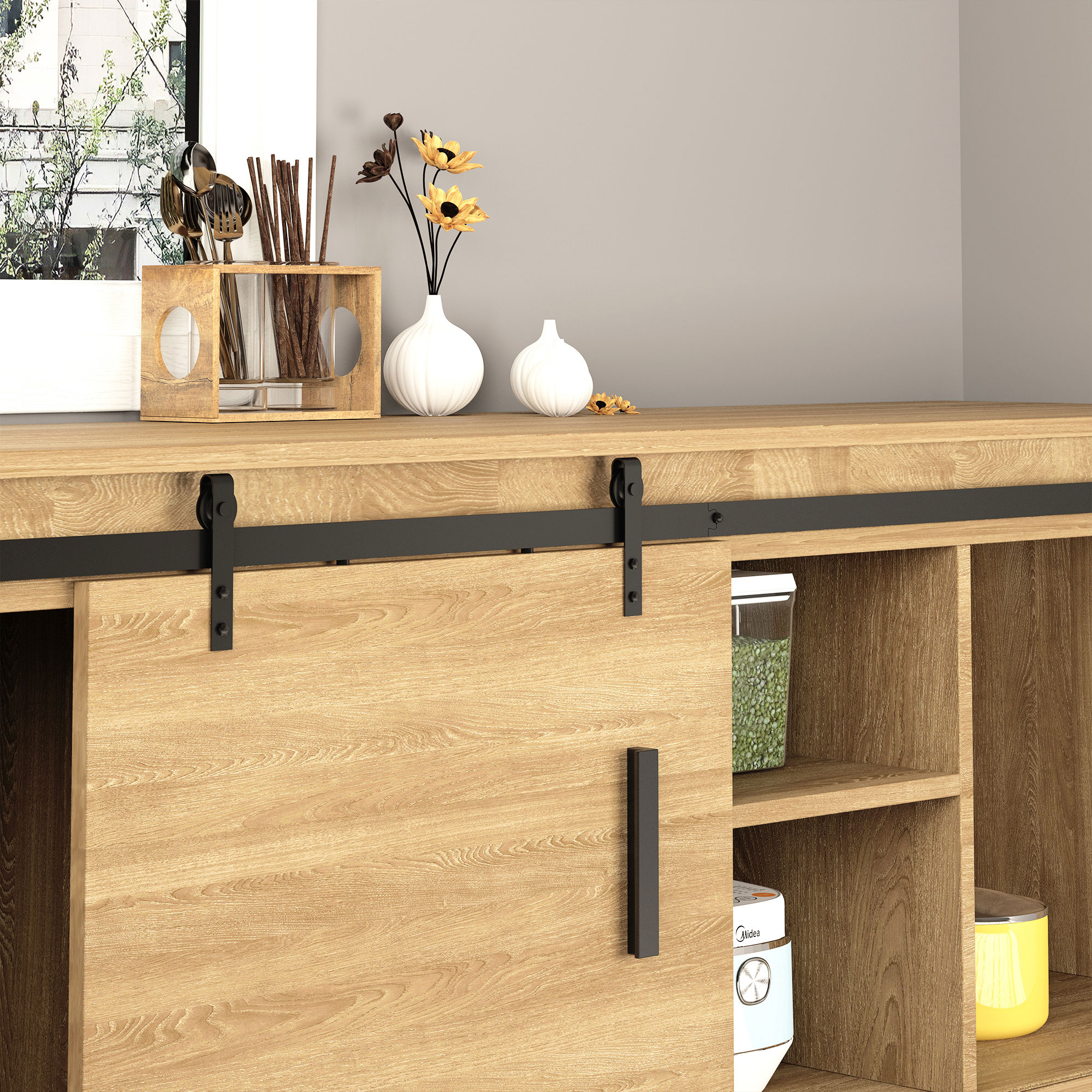 200 cm Schiebetür Komplettset Schiebetürbeschlag mit Bodenführung, Schiebetür Laufschiene, Laufrollen Schiebetürsystem für Einzelholzschiebetür