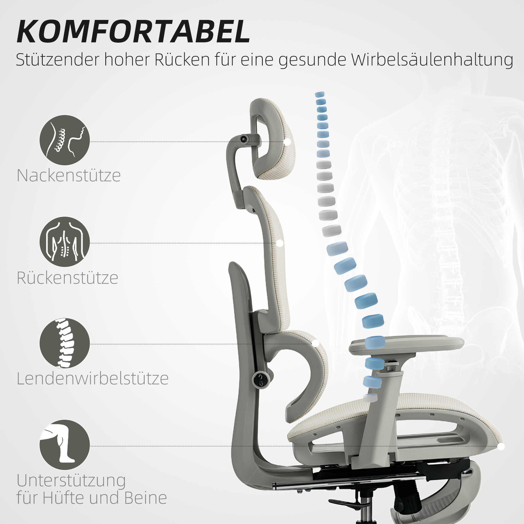 Bürostuhl, Ergonomischer Schreibtischstuhl mit Netzstoffbezug, verstellbar, rollbar, mit Armlehnen, Kopfstütze, Beige