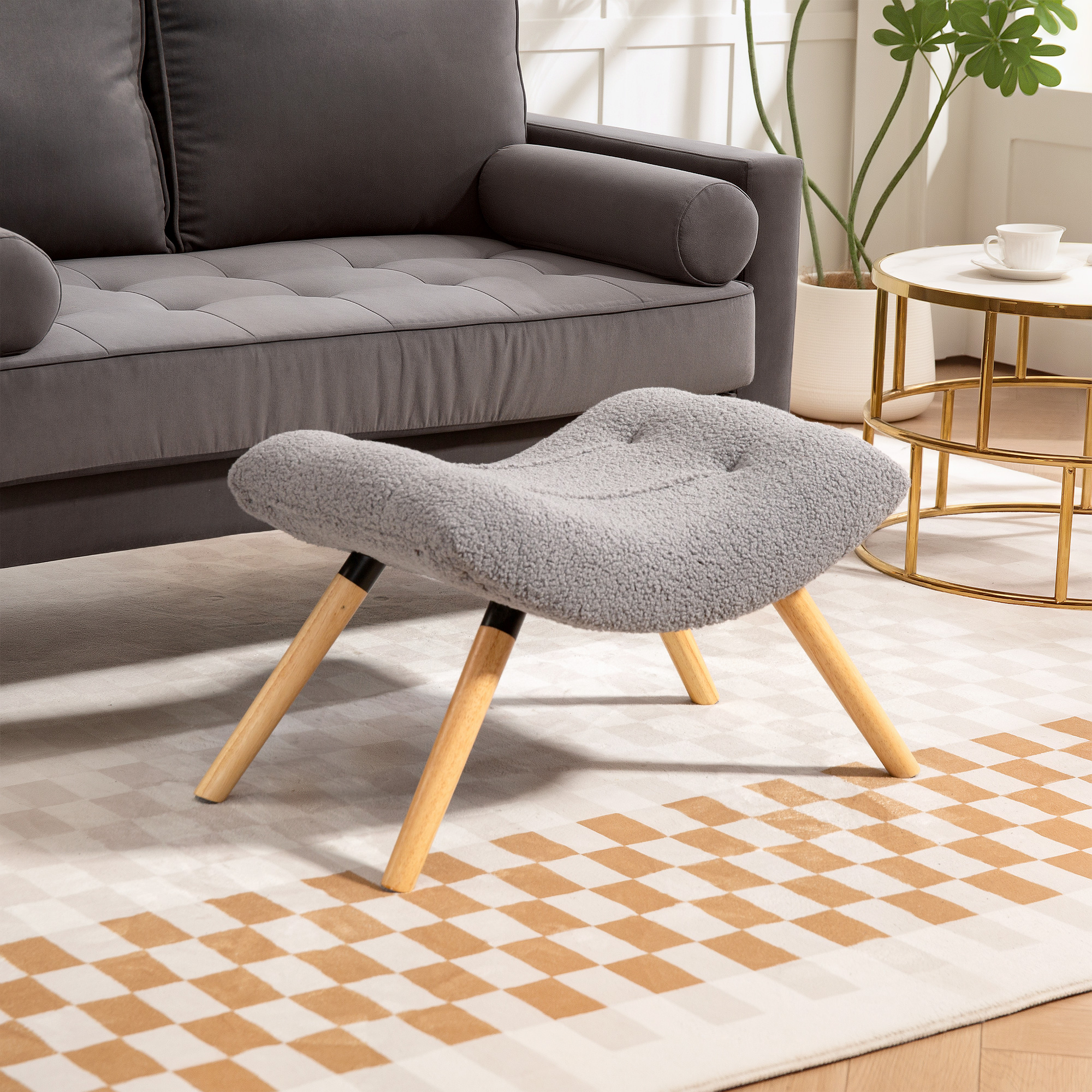 Moderner Fußhocker mit Fleece-Bezug und Holzbeinen, gepolstert, für Wohnzimmer, Schlafzimmer, Flur, Hellgrau