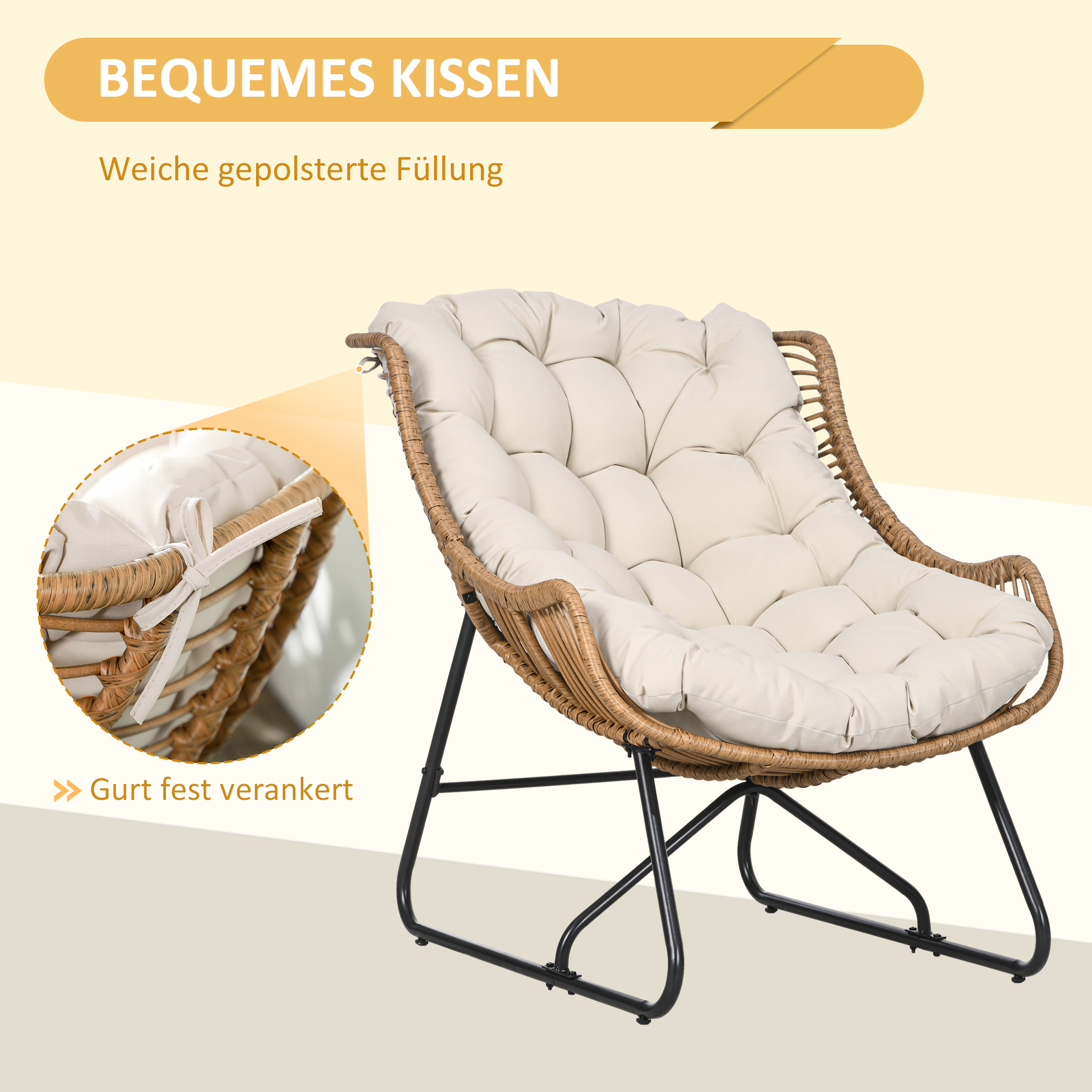 Garten Lounge, Rattanoptik, Outdoor Sessel, mit Auflage, Metallrahmen, 75x101x90 cm, Natur/Khaki/Schwarz
