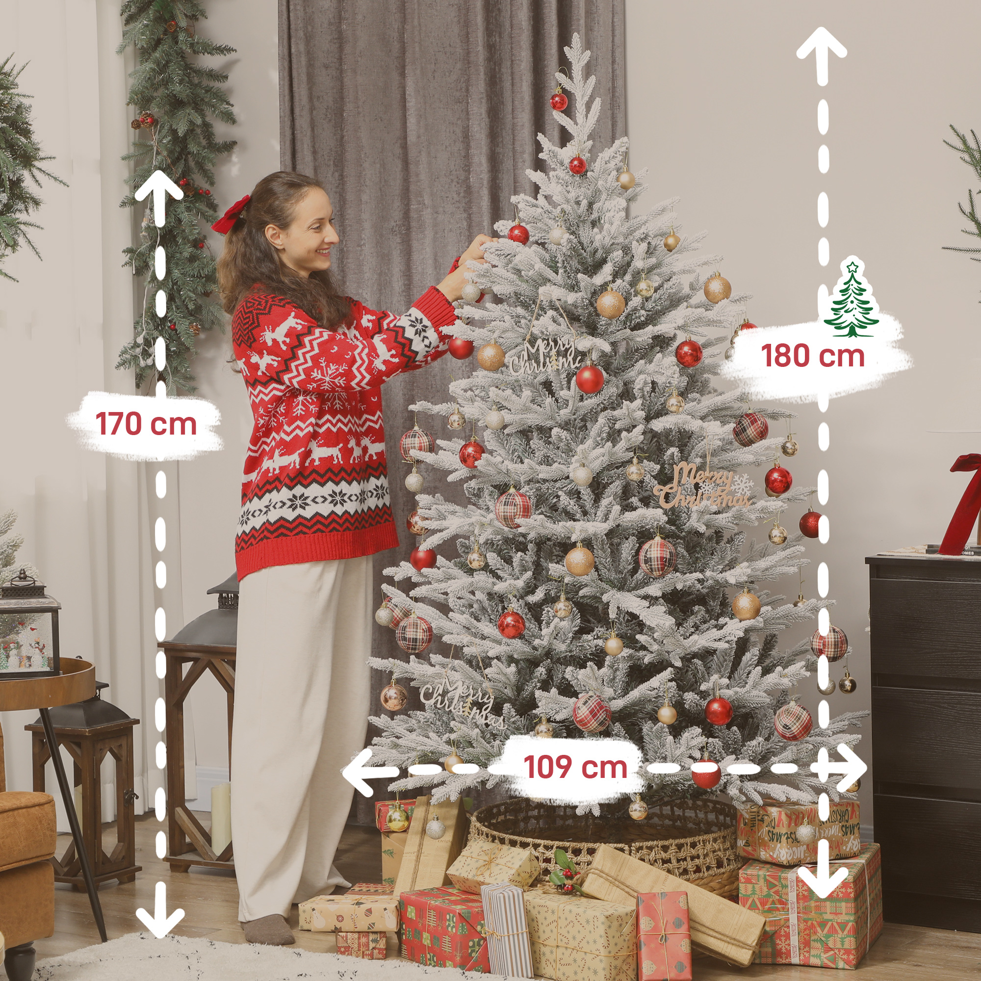 Künstlicher Weihnachtsbaum 180 cm künstlich Tannenbaum mit Schnee, 1976 Spitzen für drinnen