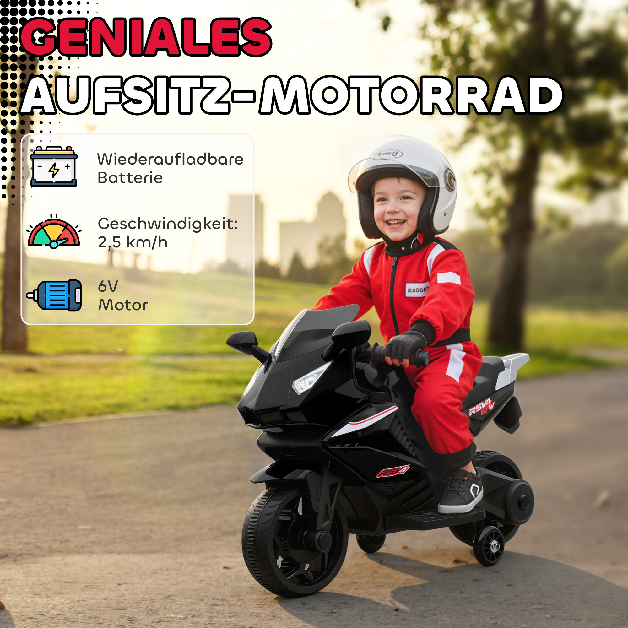 Elektro-Motorrad für Kinder, Hupe, Scheinwerfer, Musikfunktion, 2,5 km/h, Schwarz