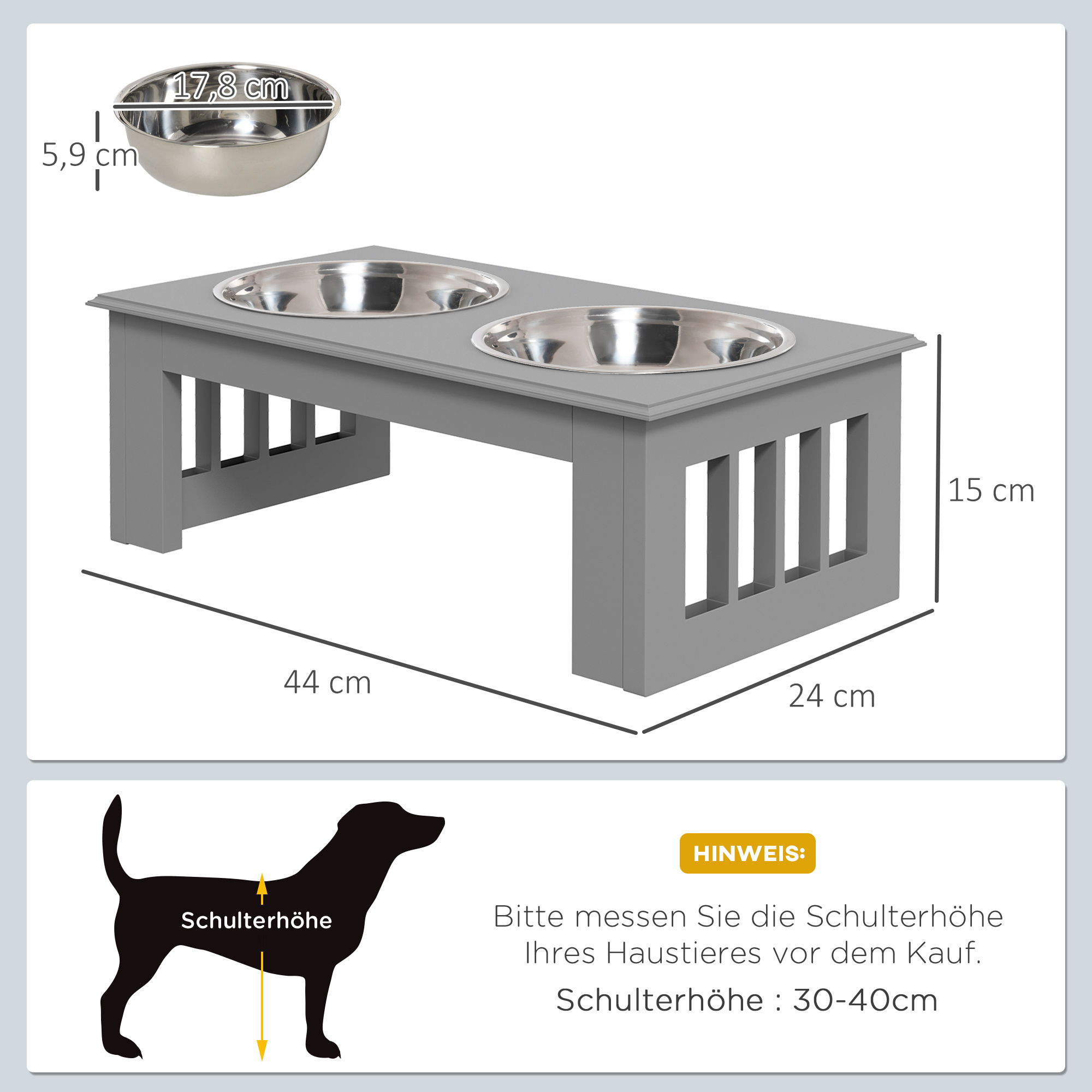 Hunde-Futterstation, rutschfest, 44x24x15cm, Grau, 0,9L pro Napf