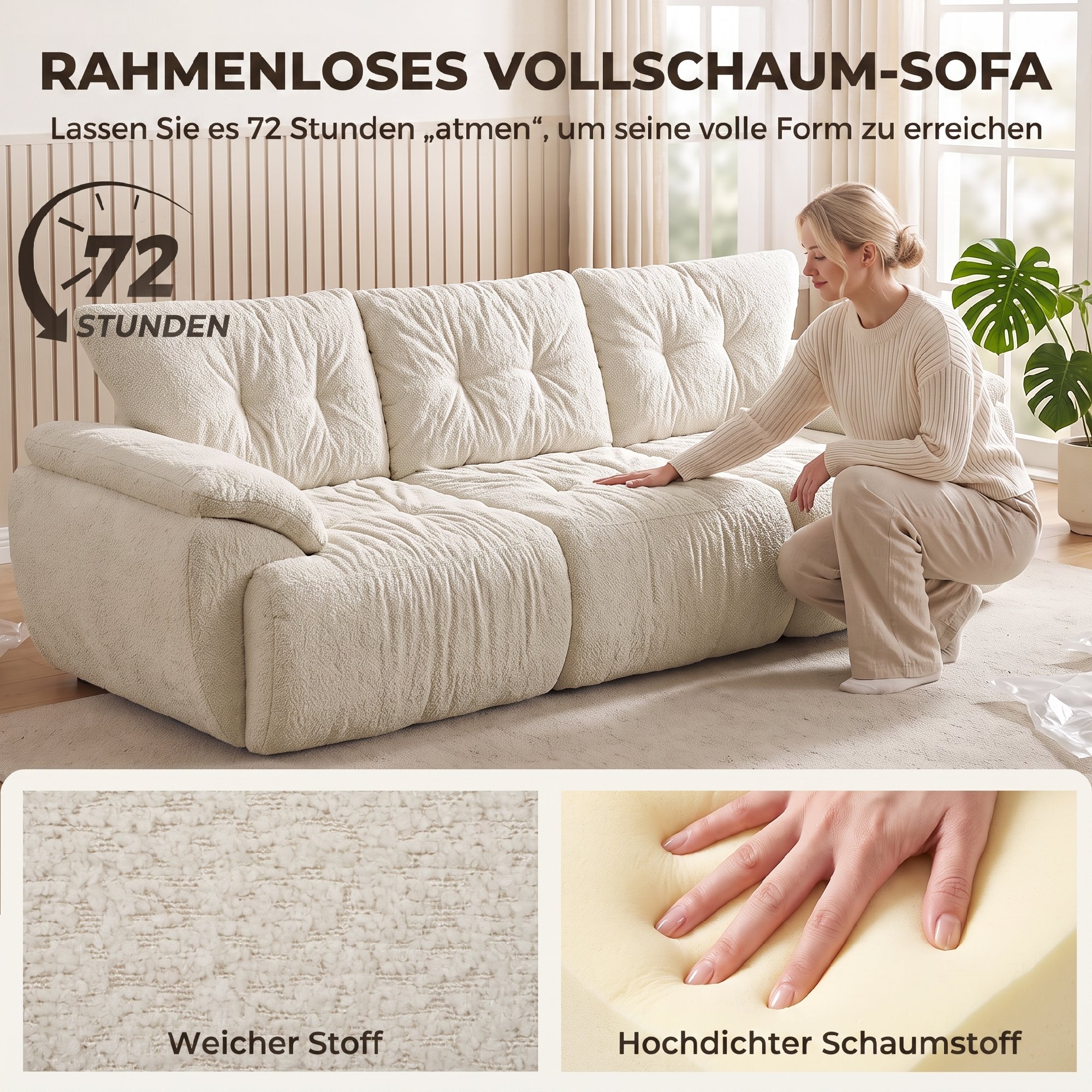 3-Sitzer-Sofa, 260 cm, Chenille, rahmenloses Modulsofa mit extra breiter, tiefer Sitzfläche, breiten Armlehnen