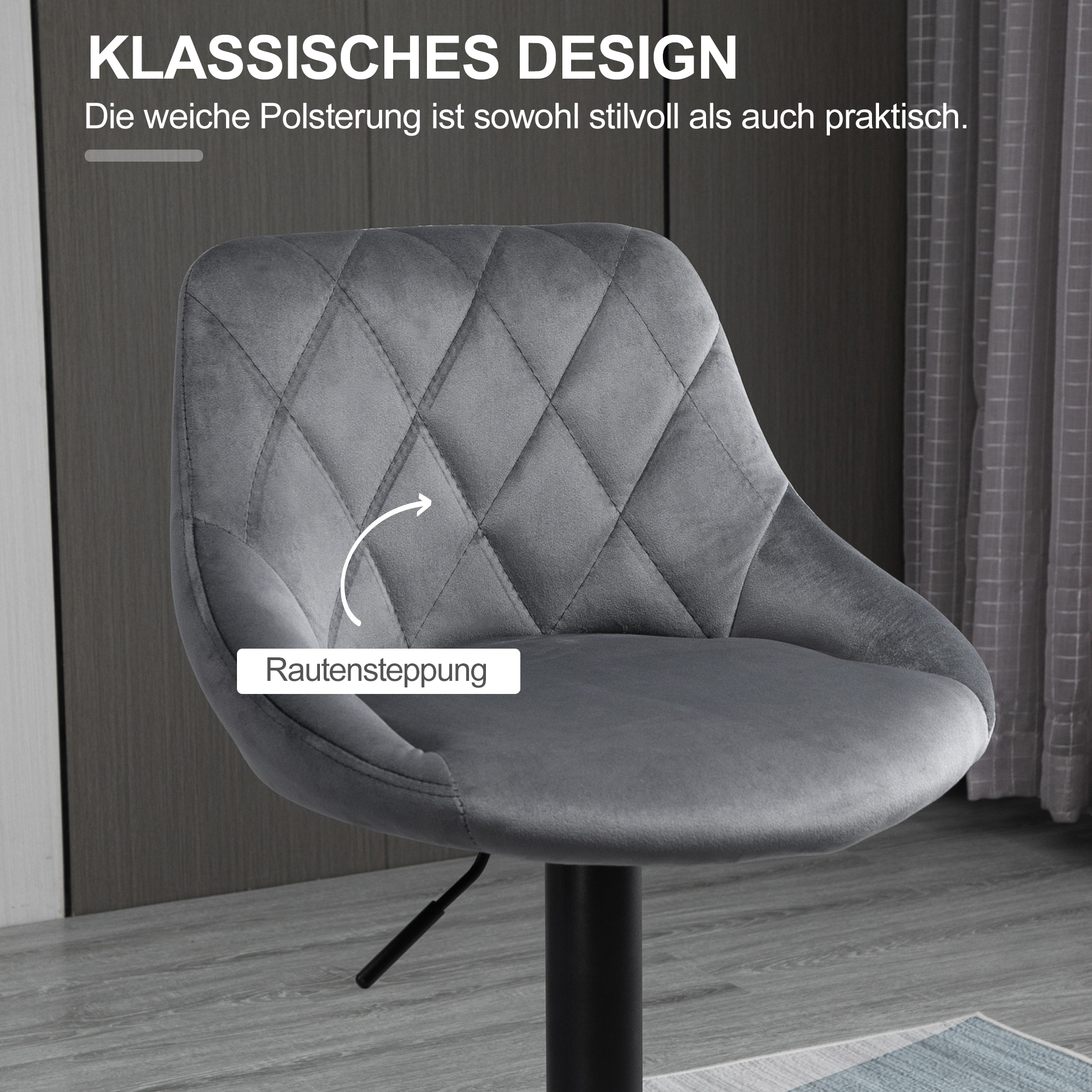 2er-Set Barhocker, höhenverstellbarer Barstuhl mit Lehne, Samtoptik, Metallgestell, Fußstütze, drehbare, Dunkelgrau