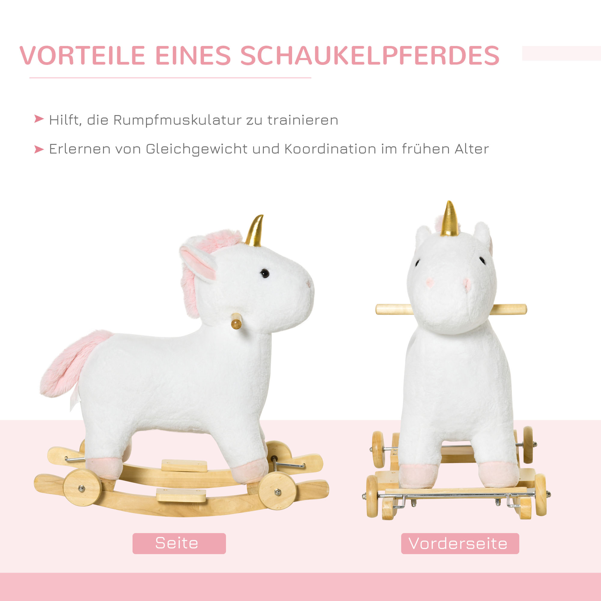 2-IN-1 Schaukelpferd mit Räder Plüsch Schaukeltier Babyschaukel Spielzeug Weiß 63 x 38 x 63 cm