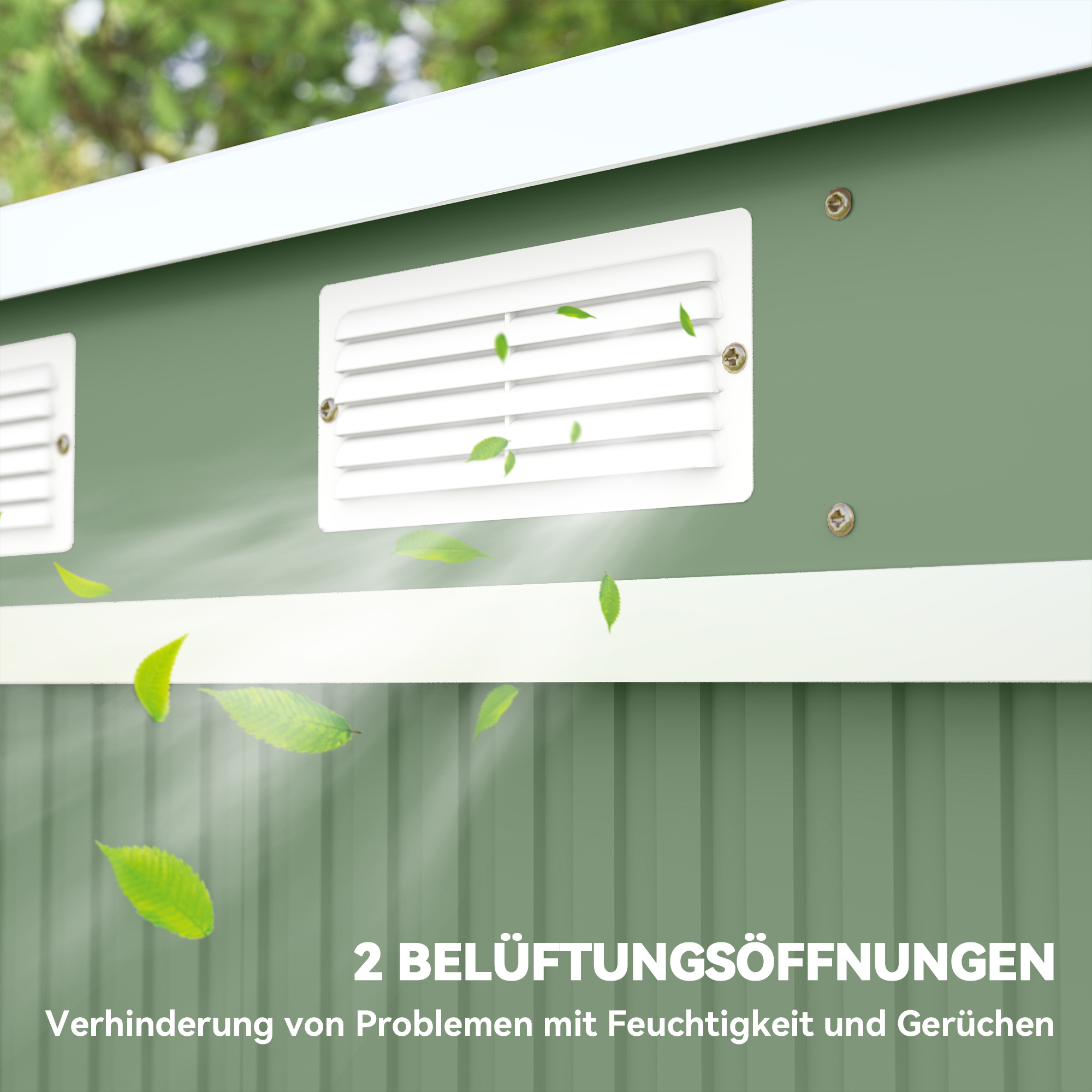 Geräteschuppen, mit Lüftungsfenstern, Schiebetüren, verzinkter Stahl, 213 x 130 x 159 cm, Grün