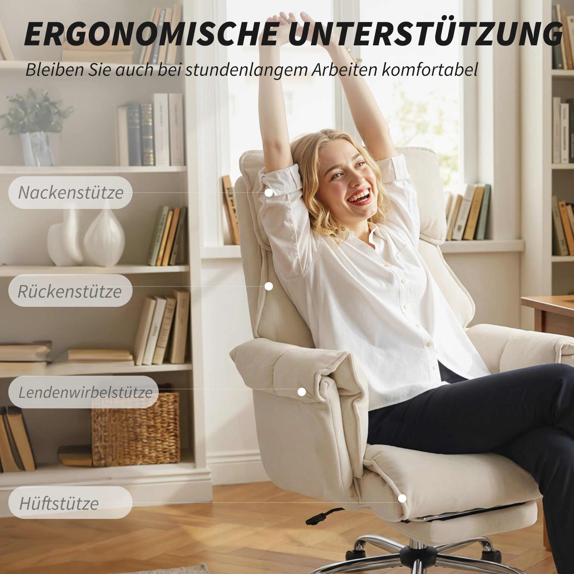 Bürostuhl Höhenverstellbarer Drehstuhl mit Lendenwirbelstütze, Fußstütze, Schneeflanell, 80 x 80 x 106-114 cm Cremeweiß