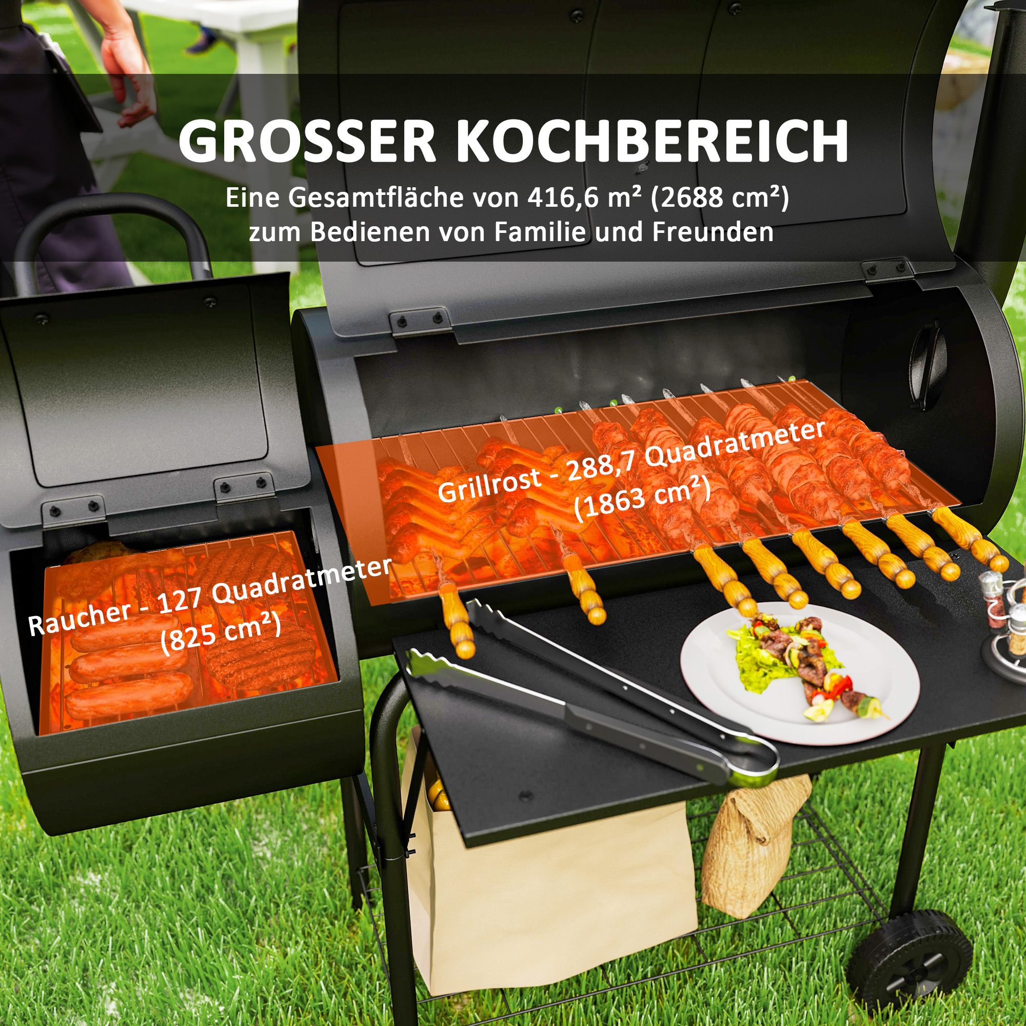 Holzkohlegrill aus Stahl BBQ Smoker mit Deckel Thermometer Räder Luftzufuhr Kohlewanne