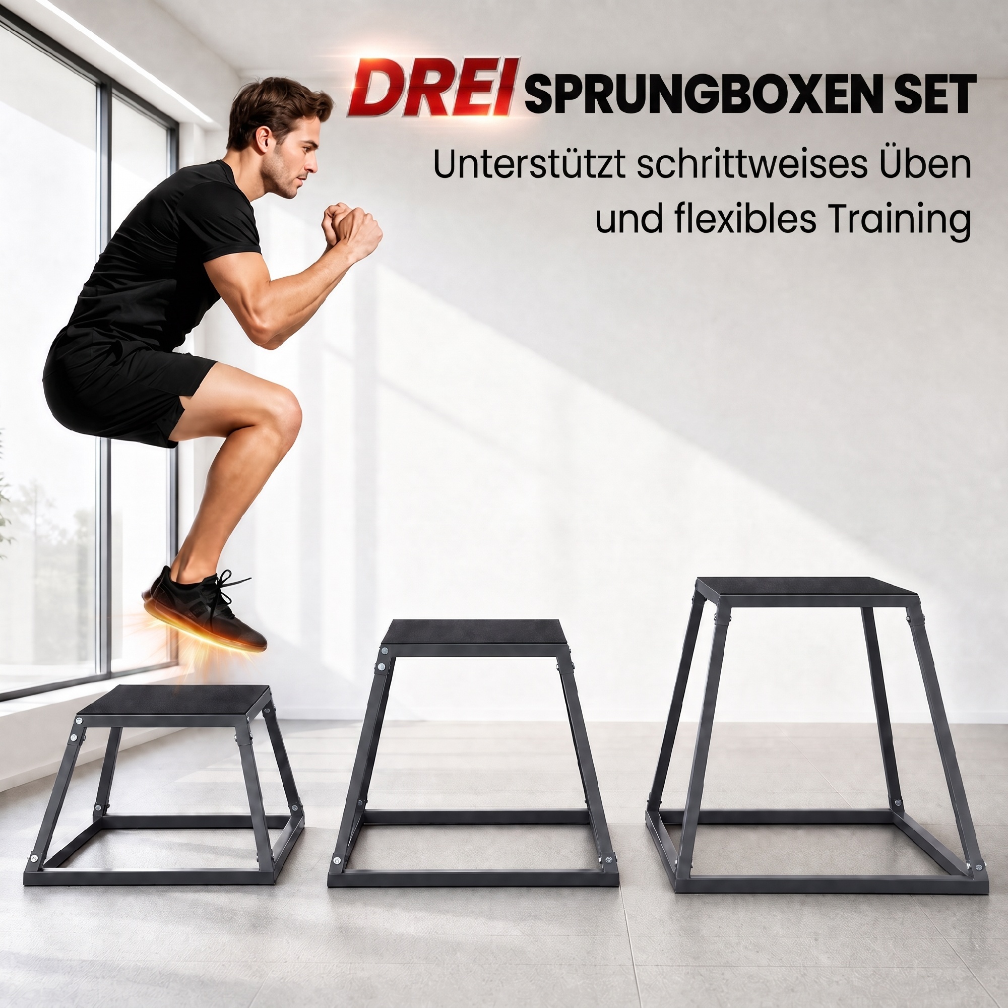 Plyometrische Sprungboxen 3er Set 30,5/45,8/61 cm Stapelbare Plyo Jump Box aus Stahl bis 200 kg
