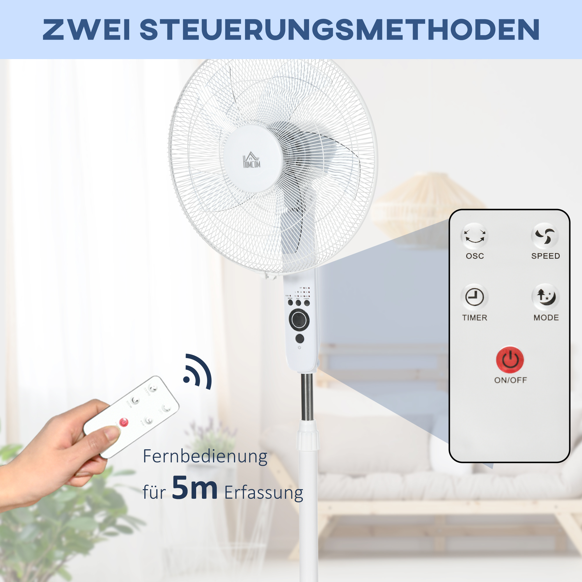 Standventilator Lüfter Fernbedienung Höhenverstellbar 3 Geschwindigkeitsstufen Metall, Weiß, Ø44,5 x H110-124 cm