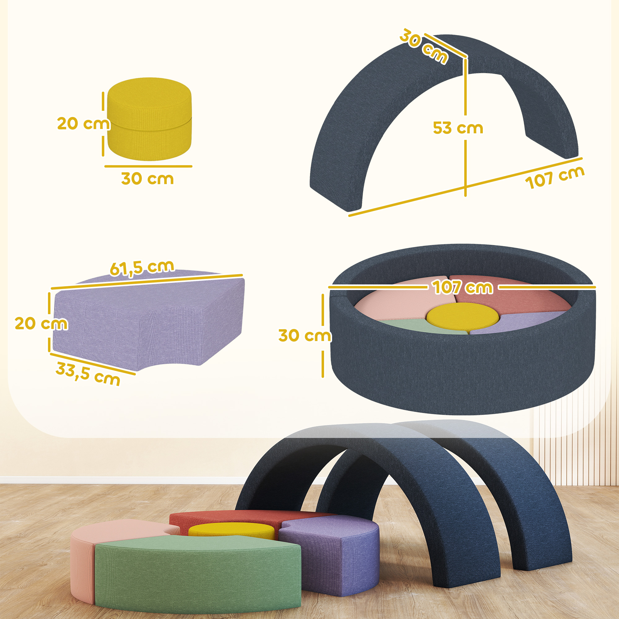 7-teiliges Weichbauklötze-Set für Kleinkinder, Schaumstoff, waschbarer Cordbezug, verschiedene Formen, Bunt