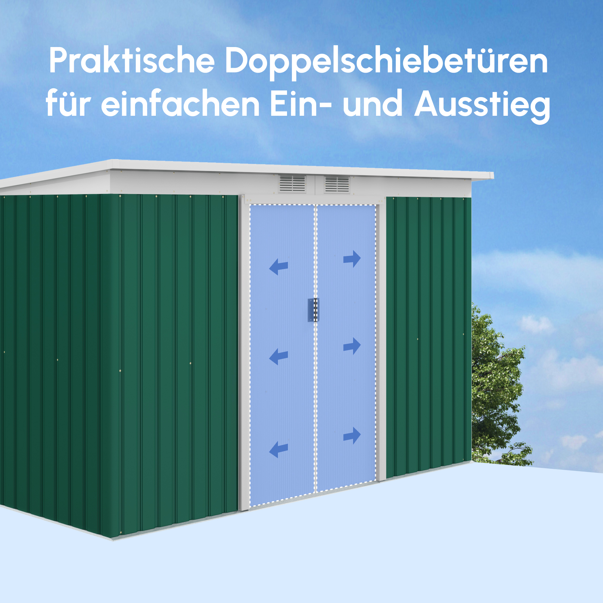 Metall Gerätehaus 6,3m³ 280x130x172cm Geräteschuppen mit Pultdach Schiebetür wetterfest Gartenhaus Outdoor Garten Schuppen Schrank für Hinterhof Außenbereich Anthrazit, Dunkelgrün