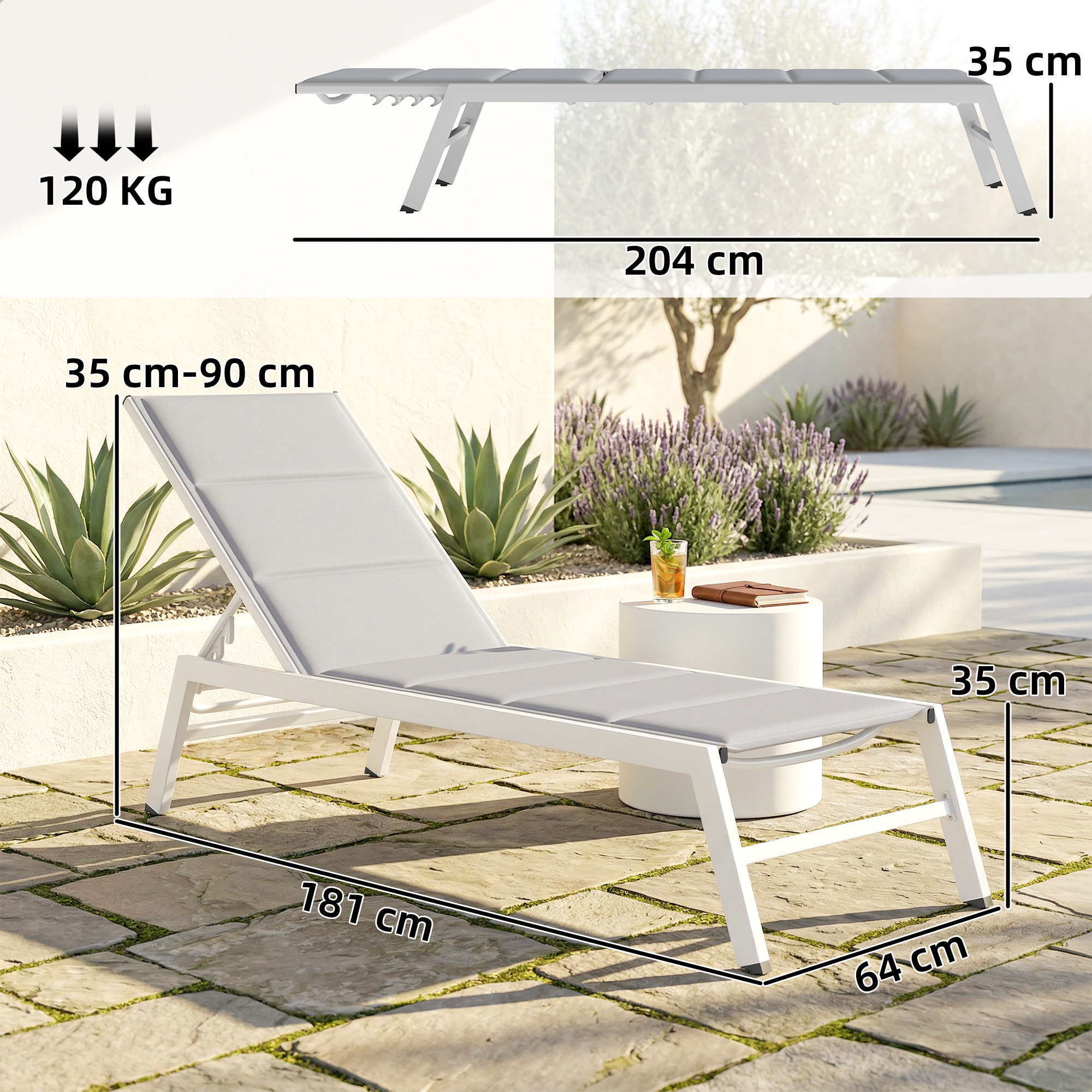 Sonnenliege Atmungsaktive Gartenliege mit 6-fach Verstellbar Rückenlehne Aluminiumrahmen Hellgrau