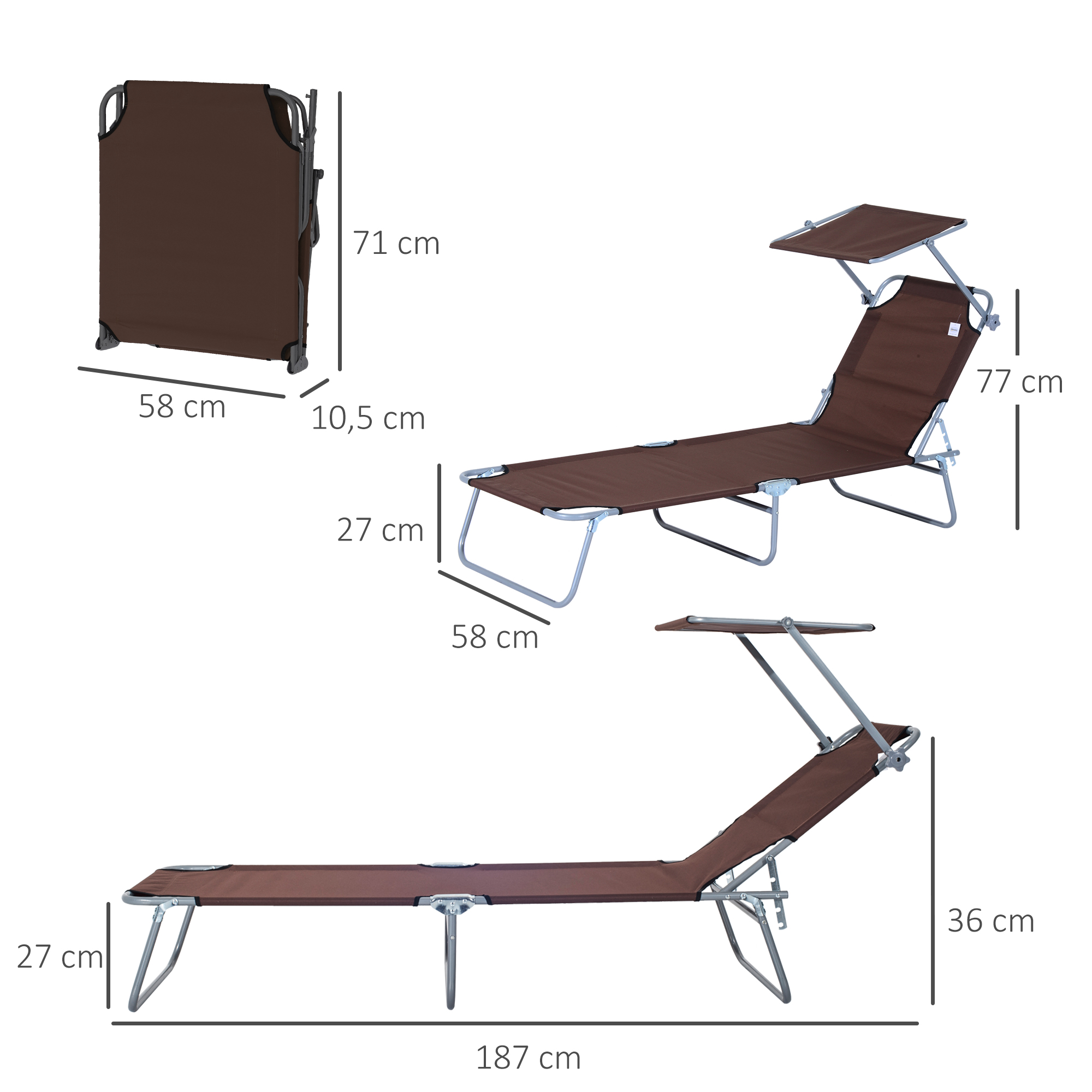 Sonnenliege klappbar Gartenliege mit Sonnenschutz Liegestuhl mit 4-Fach verstellbare Rückenlehne Campingliege bis 120kg belastbar für Garten, Balkon und Pool geeignet, 6 Farben(Braun )