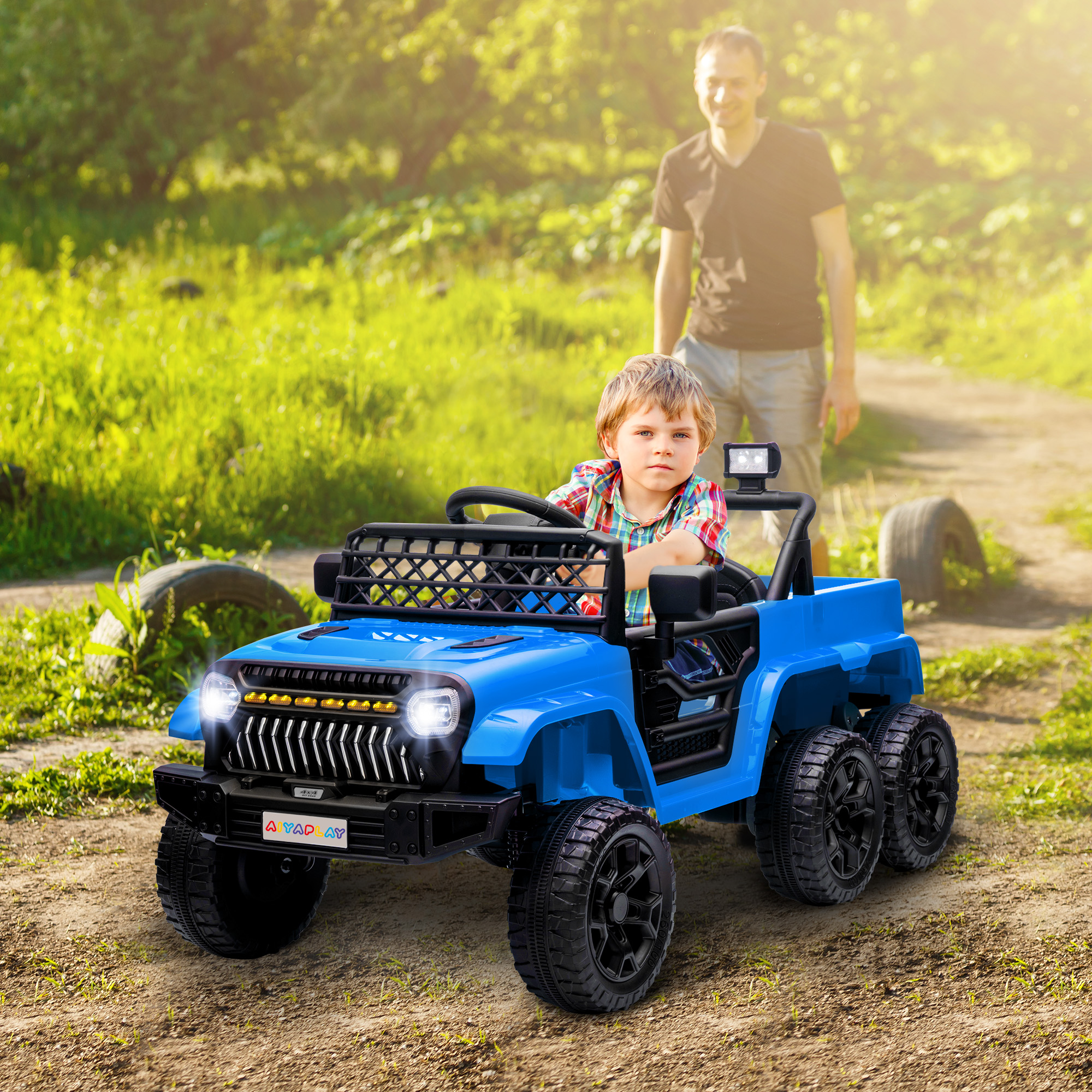 12V Kinderauto, mit Anhänger, LED-Lichtern, Musik und Hupe, für Kinder im Alter von 3-8 Jahren, Hellblau