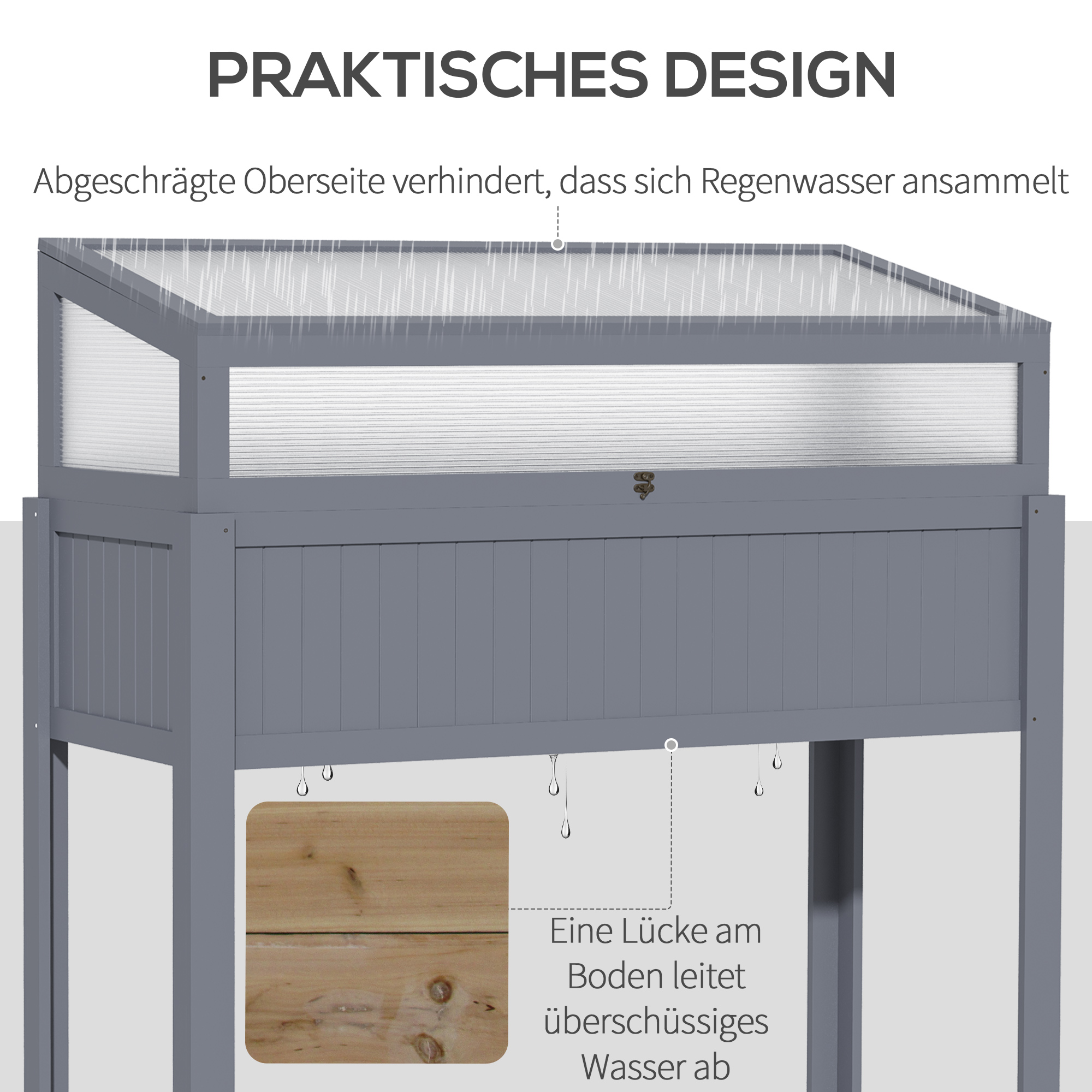 Hochbeet Holz mit Frühbeet 2-in1 Gewächshaus Tomatenhaus Gemüsebeet Kräuterbeet Pflanzkasten für Garten Balkon und Terrasse Polycarbonat Grau 120 x 54 x 112/122 cm