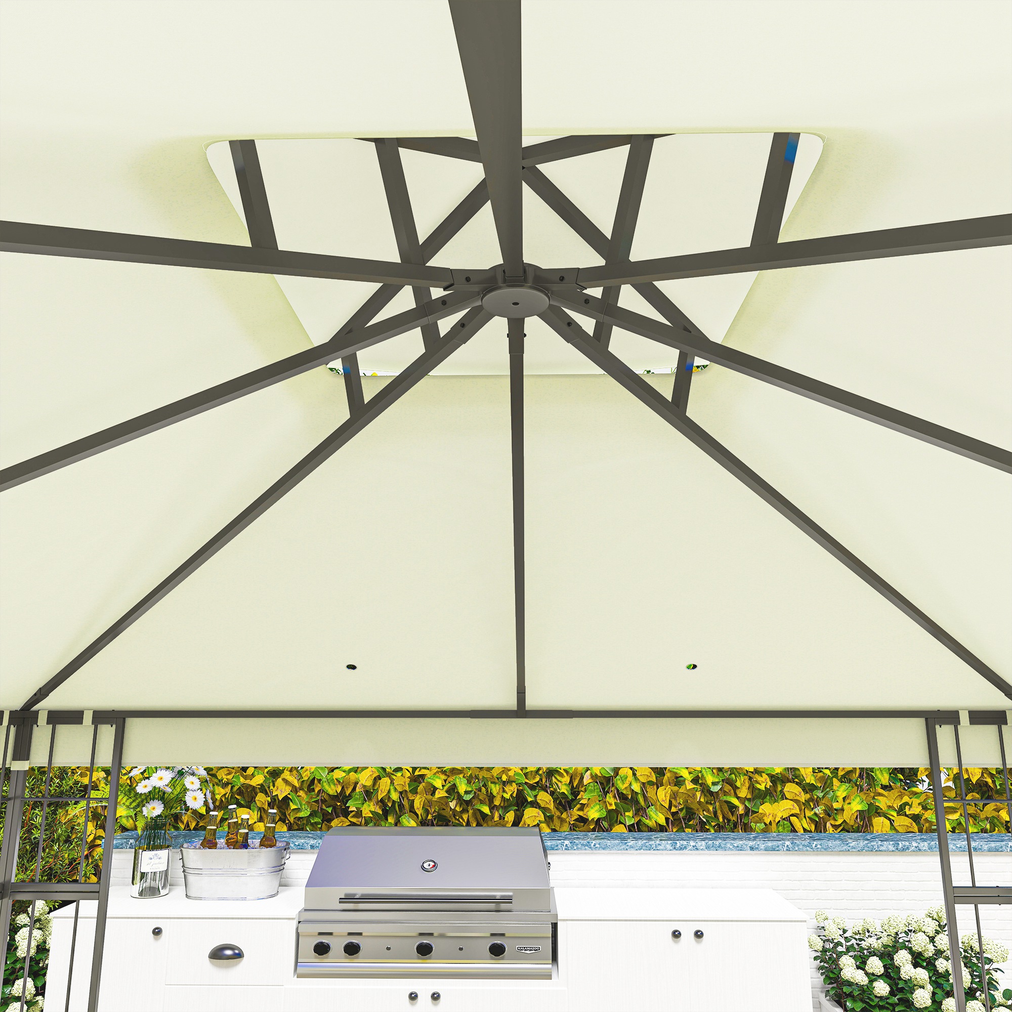 3 x 3 m Garten-Pavillon, 2-Stufen-Dach-Design, UV30+ Schutz, UV-beständig, Sonnenschutz, Metallrahmen, Cremeweiß