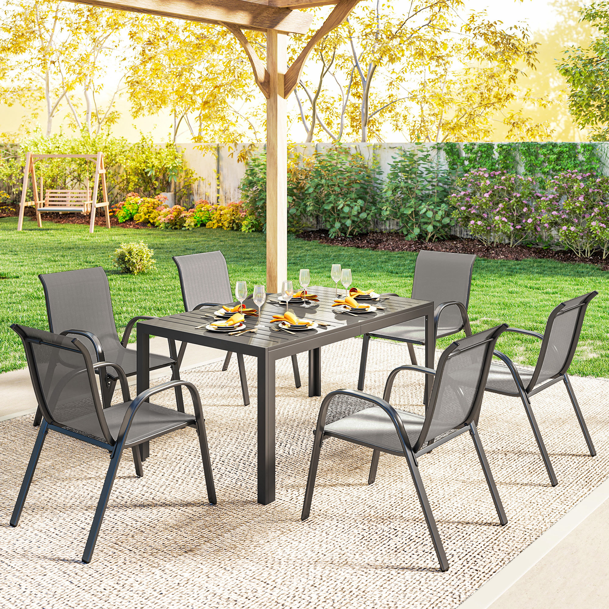 Gartenmöbel Set Sitzgruppe 7-teilig Tisch mit 6 Atmungsaktiven Stapelstühlen Lamelldesign Hellgrau