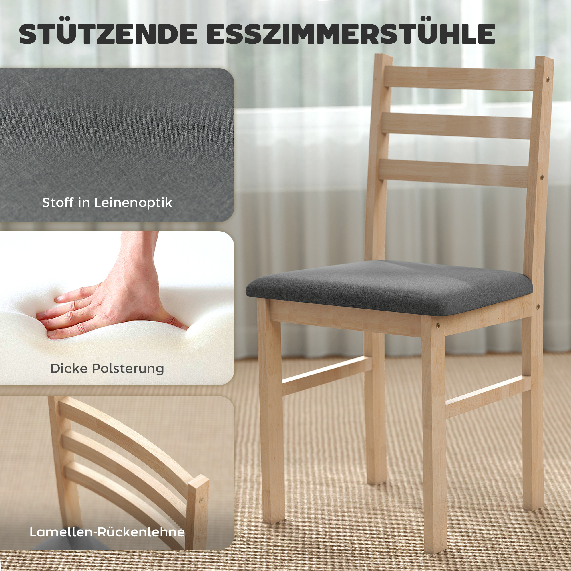 3-teiliges Esstisch-Set mit 2 Stühlen, Küchentisch für kompakte Räume, gepolsterte Stühle, platzsparend, MDF, Naturholz