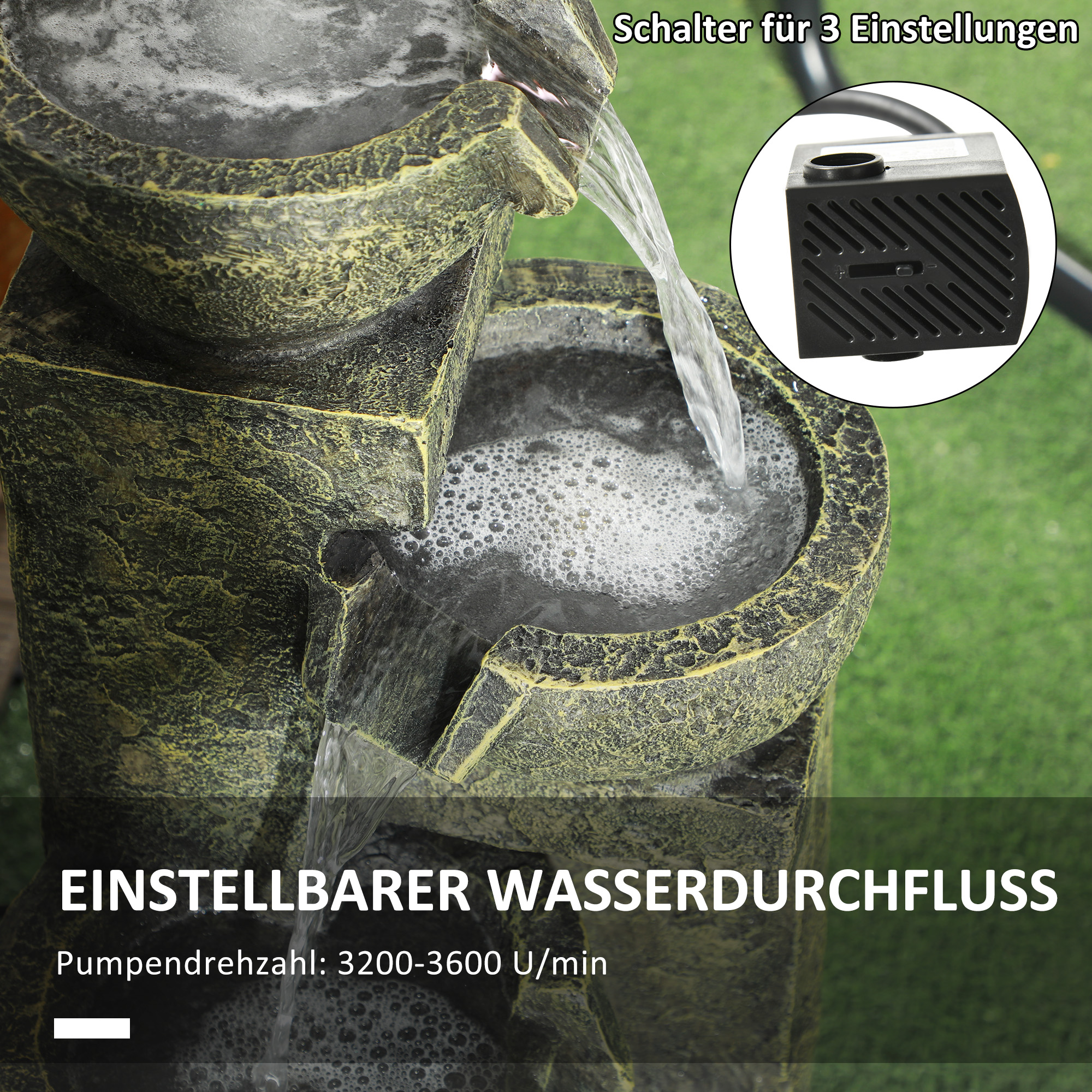 Gartenbrunnen Wasserbrunnen Brunnen, verstellbare Geschwindigkeit, 25 x 24 x 60 cm, Schwarz