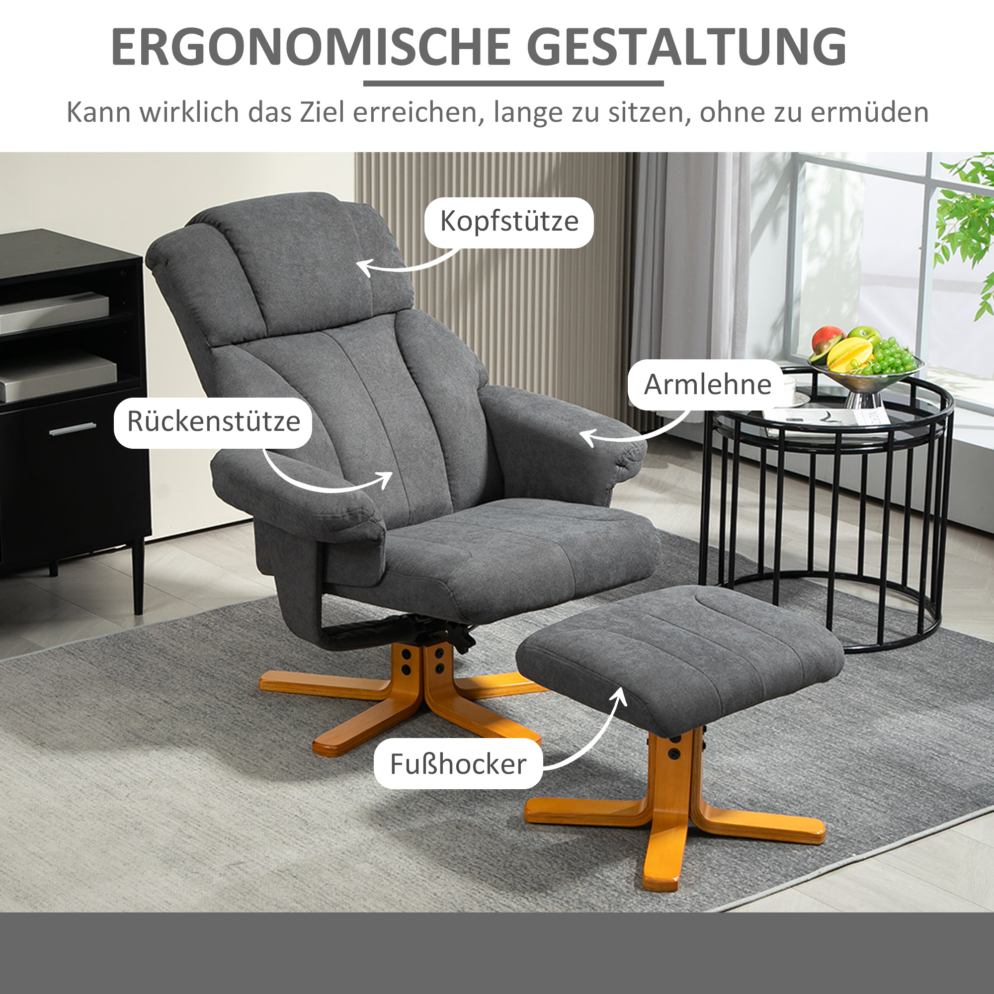 Verstellbarer Sessel mit Fußhocker mit hoher Lehne und Holzrahmen für Wohnzimmer, Schlafzimmer, Dunkelgrau