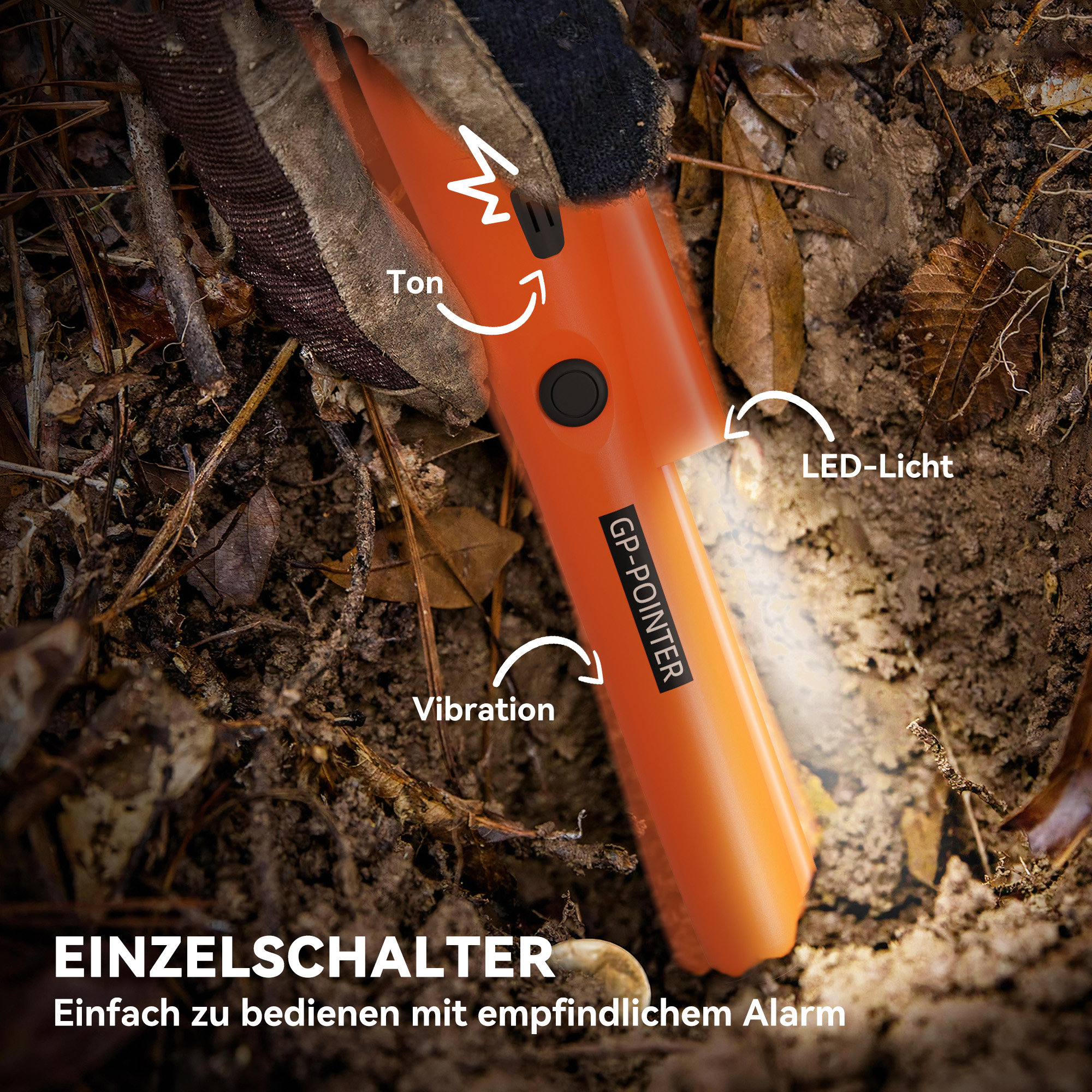Metalldetektor für Erwachsene, Tragbar Ortungsgerät mit LED Indicator, Wasserdicht Schnurlos Metallsuchgerät Orange