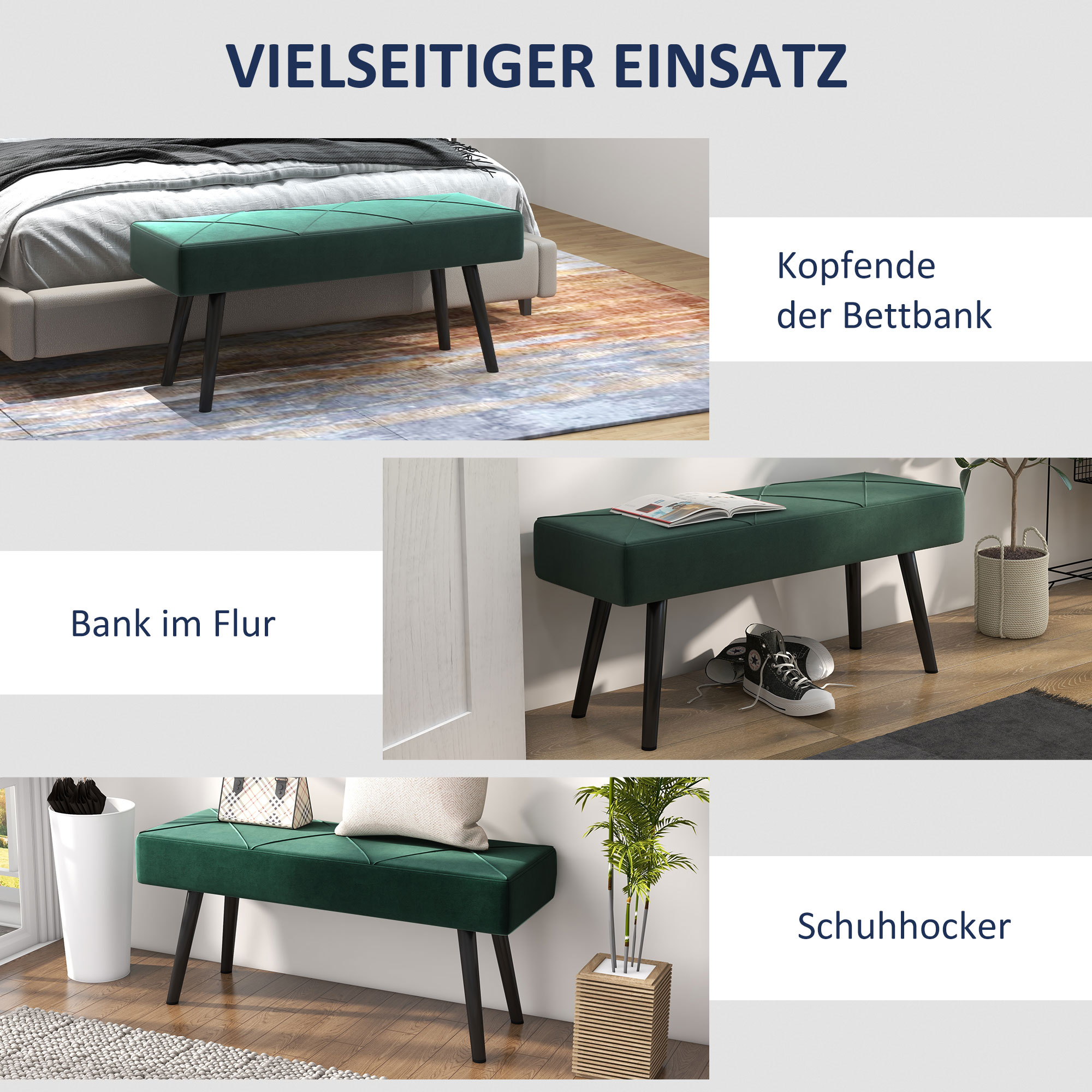 Sitzbank Polsterbank Bettbank, Samtoptik, 100 x 36 x 45 cm, Grün