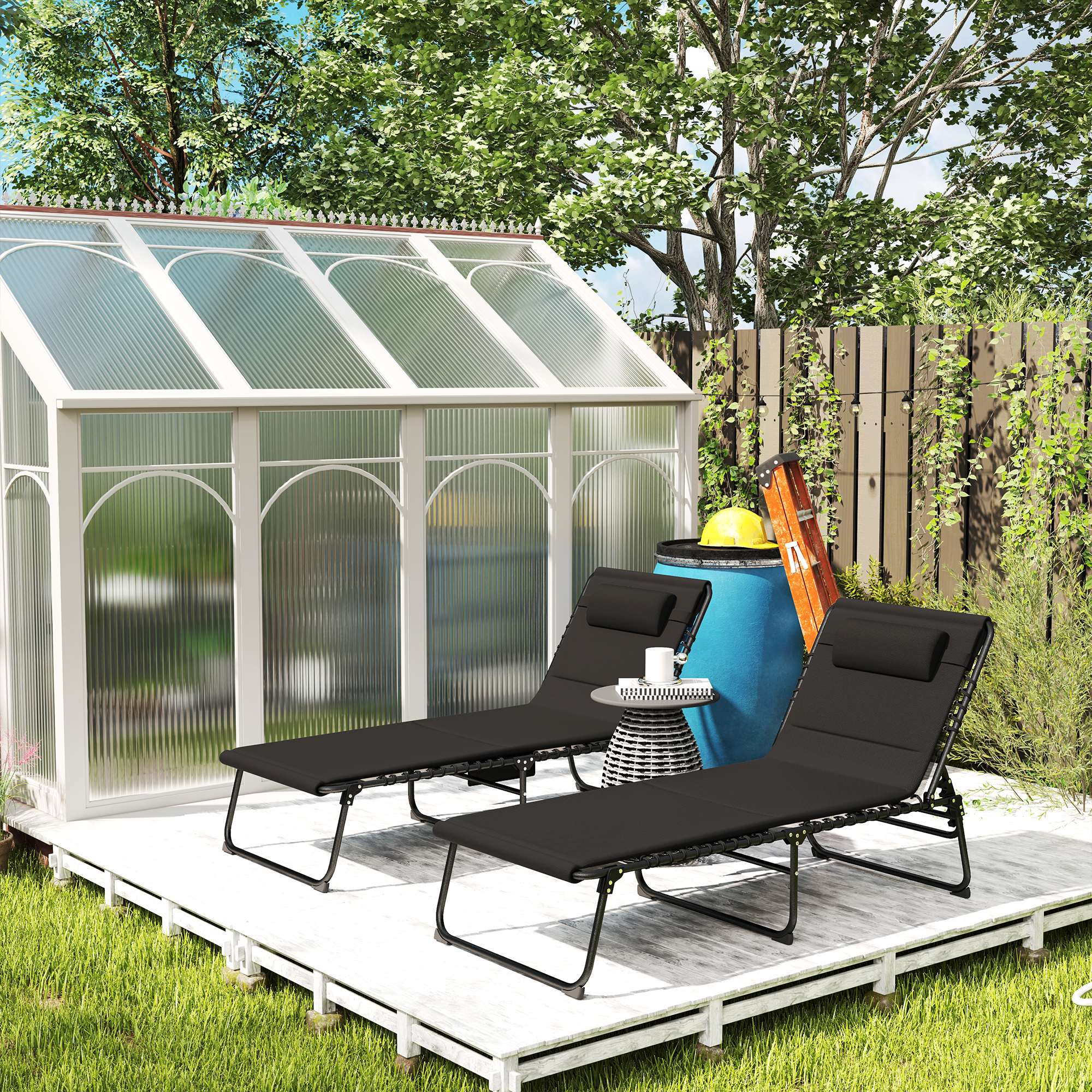 2er Set Sonnenliege klappbar Gartenliege mit Kopfkissen 5-Fach höhenverstellbarer Rückenlehne Seitentasche Schwarz