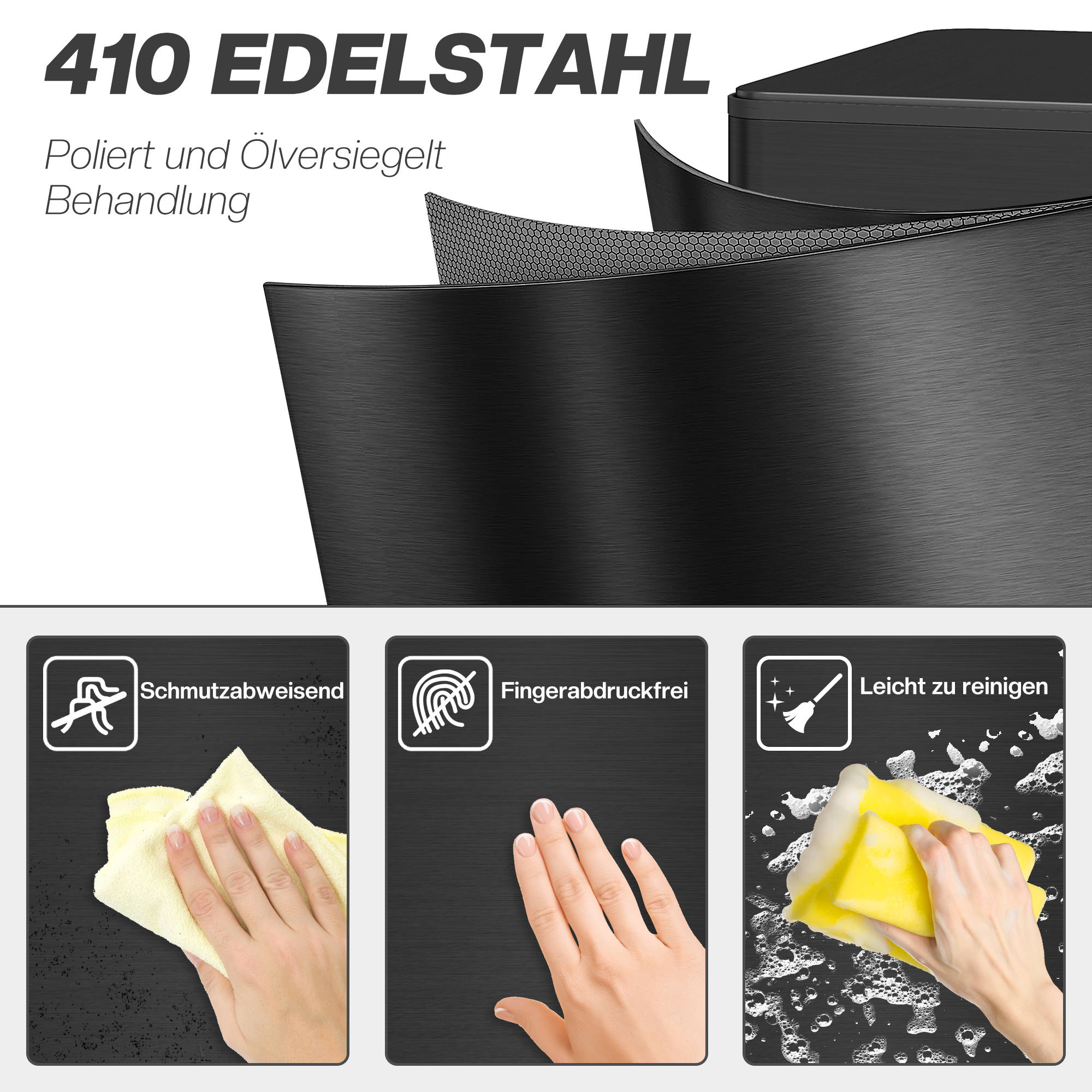 Mülleimer 20l, Soft-Close-Deckel, Deodorant-Fach, Fingerabdrucksicher, Edelstahl, Schwarz