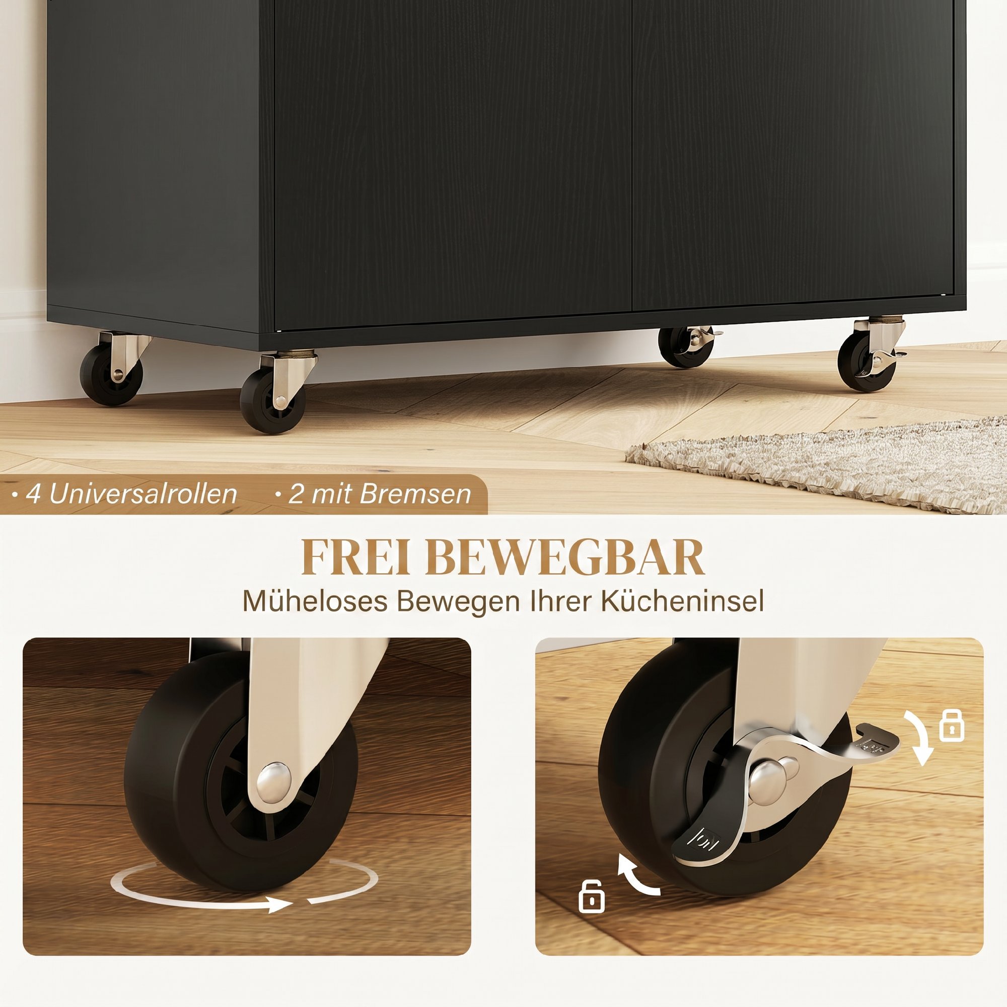 Küchenwagen mit Schublade, Schrankfach, Handtuchstange, 106 x 42 x 87 cm, Schwarz/Eiche