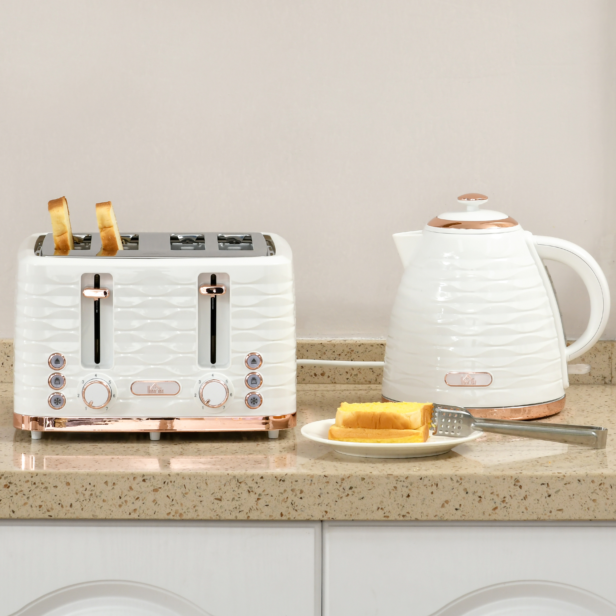 2-in-1 Toaster- und Wasserkocher-Set, 7 Bräunungsstufen, Auftau- und Aufwärmfunktion, Cremeweiß