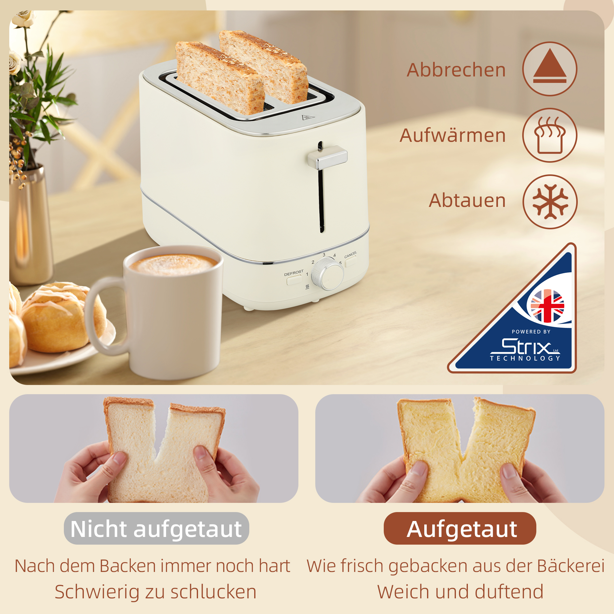 Set aus 1,7 L Wasserkocher und Toaster mit 6 Bräunungsstufen, Beige