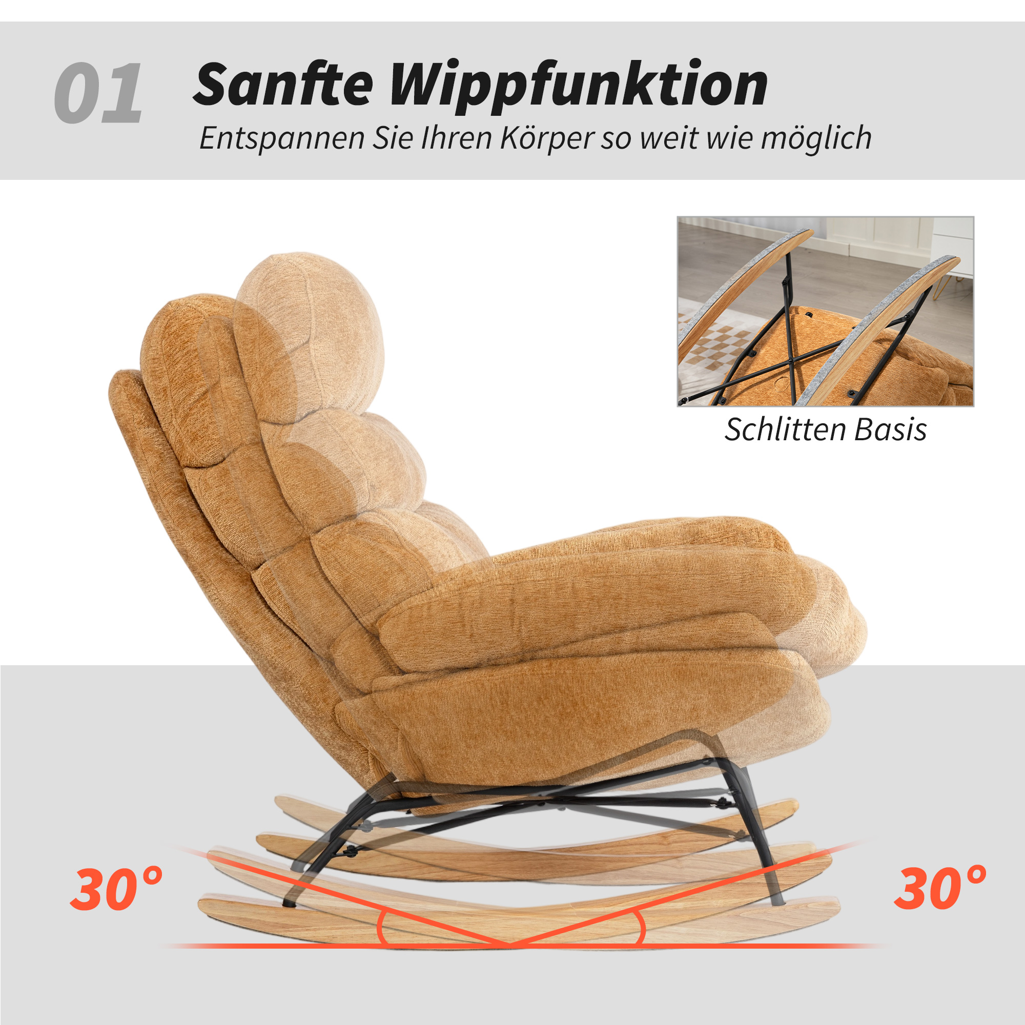 Gepolsterter Schaukelstuhl mit Stahlbeinen und Holzkufen, Gelb