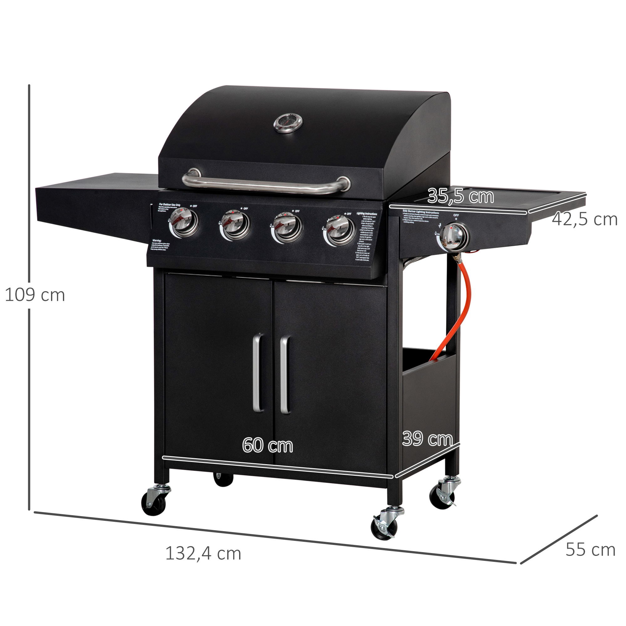 Gasgrill BBQ mit 3 Brennern je 3 kw mobiler Grillwagen mit 4 Rädern Grillnetz Seitentischen Druckminderer Schläuche Schrank Multifunktion Metall Schwarz 132,4cm x 55cm x 109cm